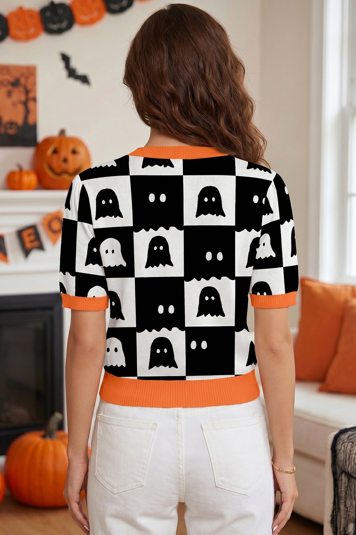 White Geometric Ghost Color Block Trim Short Sleeve Knit Sweater