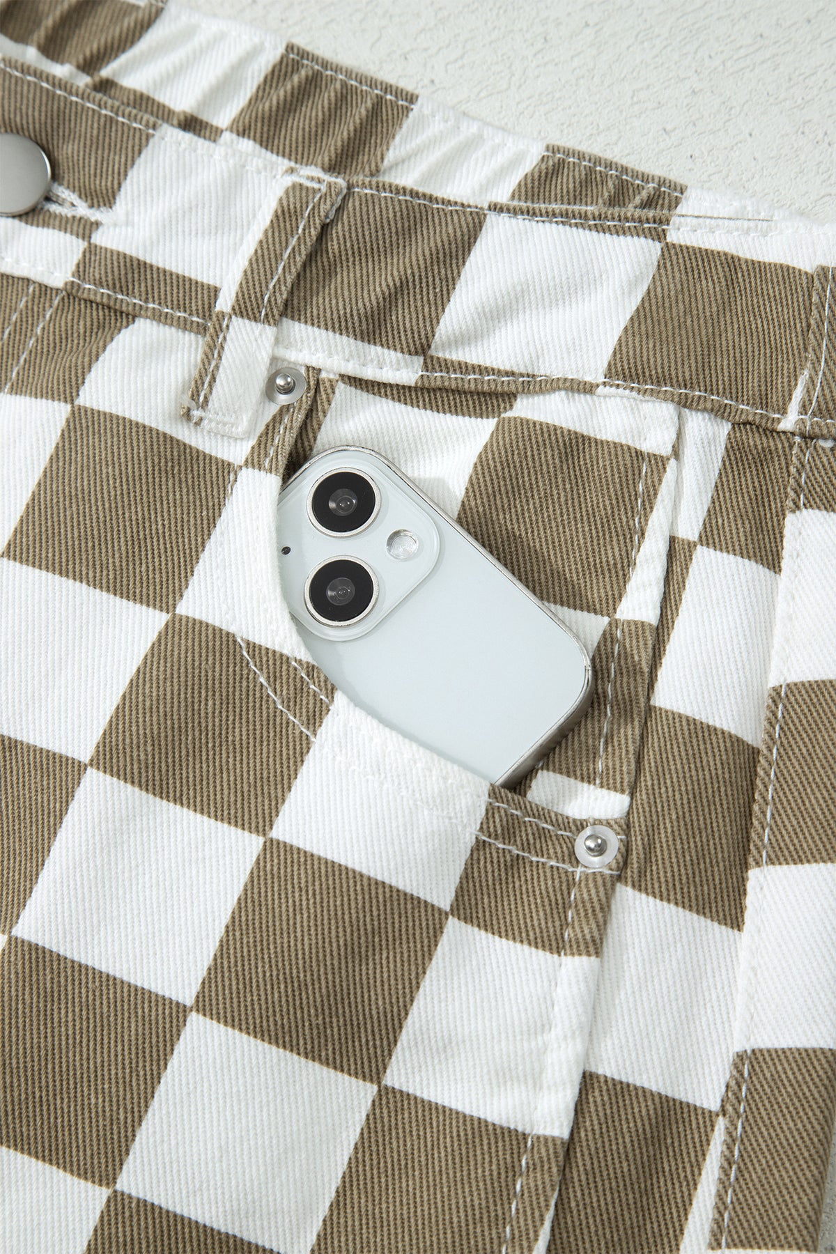 White Checkered Print Denim Barrel Pants