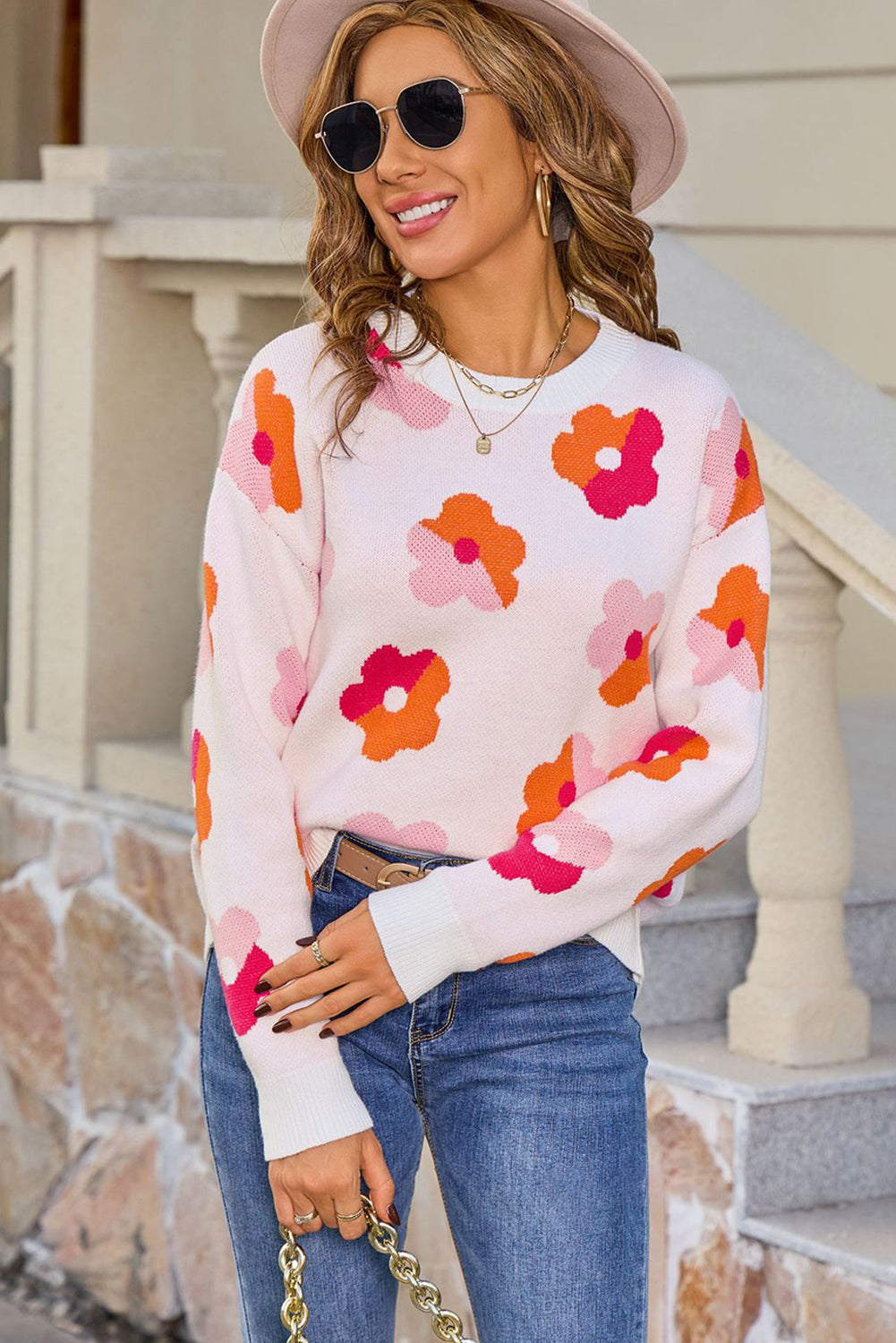 White Color Block Flower Cute Pattern Drop Shoulder Bulk Sweater