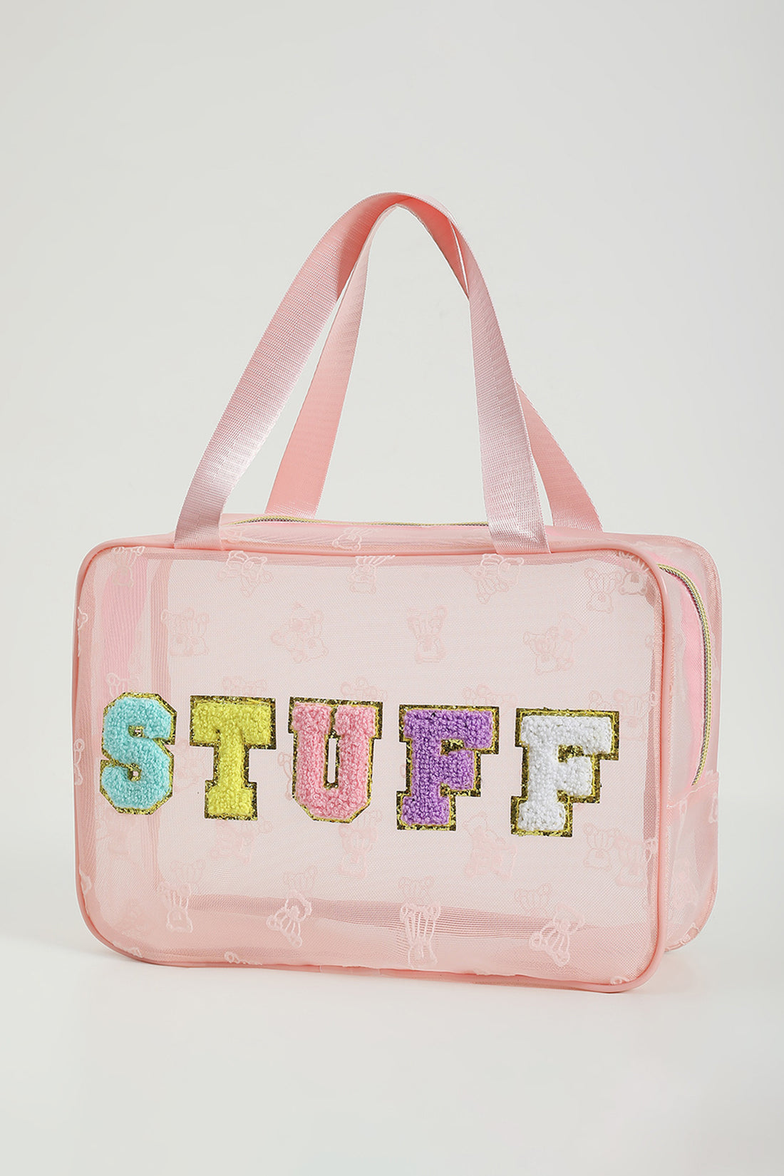 Pink STUFF Chenille Letter Patched Teddy Bear Mesh Lightweight Makeup Bag