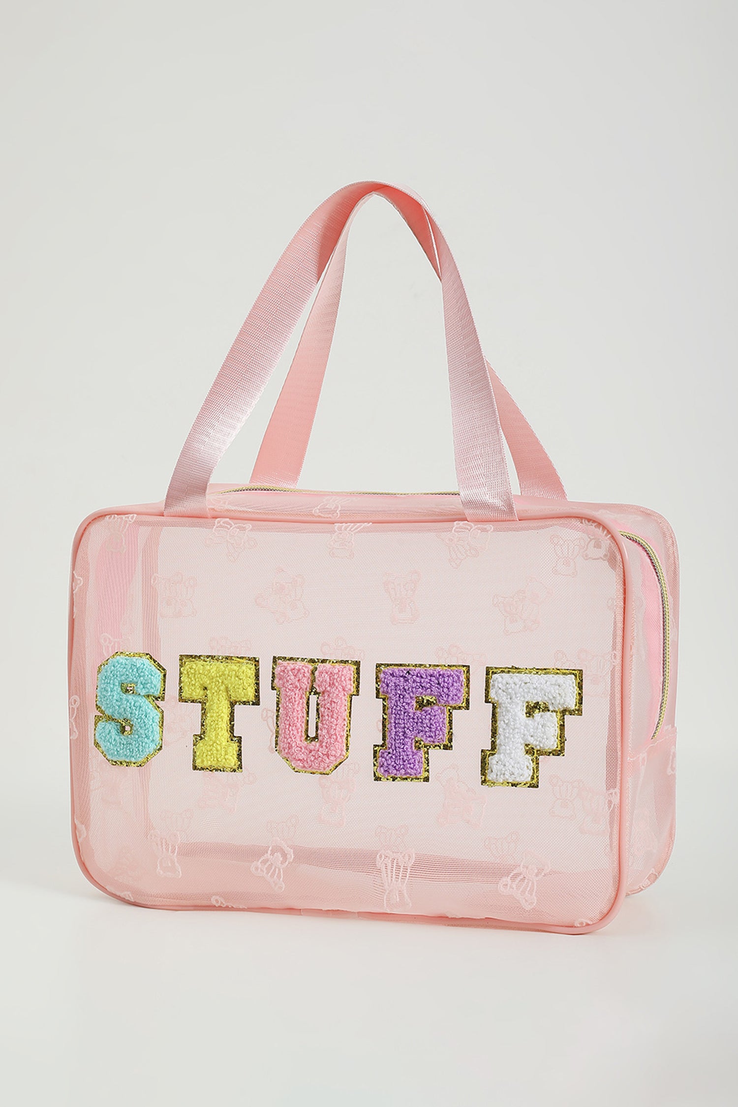 Pink STUFF Chenille Letter Patched Teddy Bear Mesh Lightweight Makeup Bag