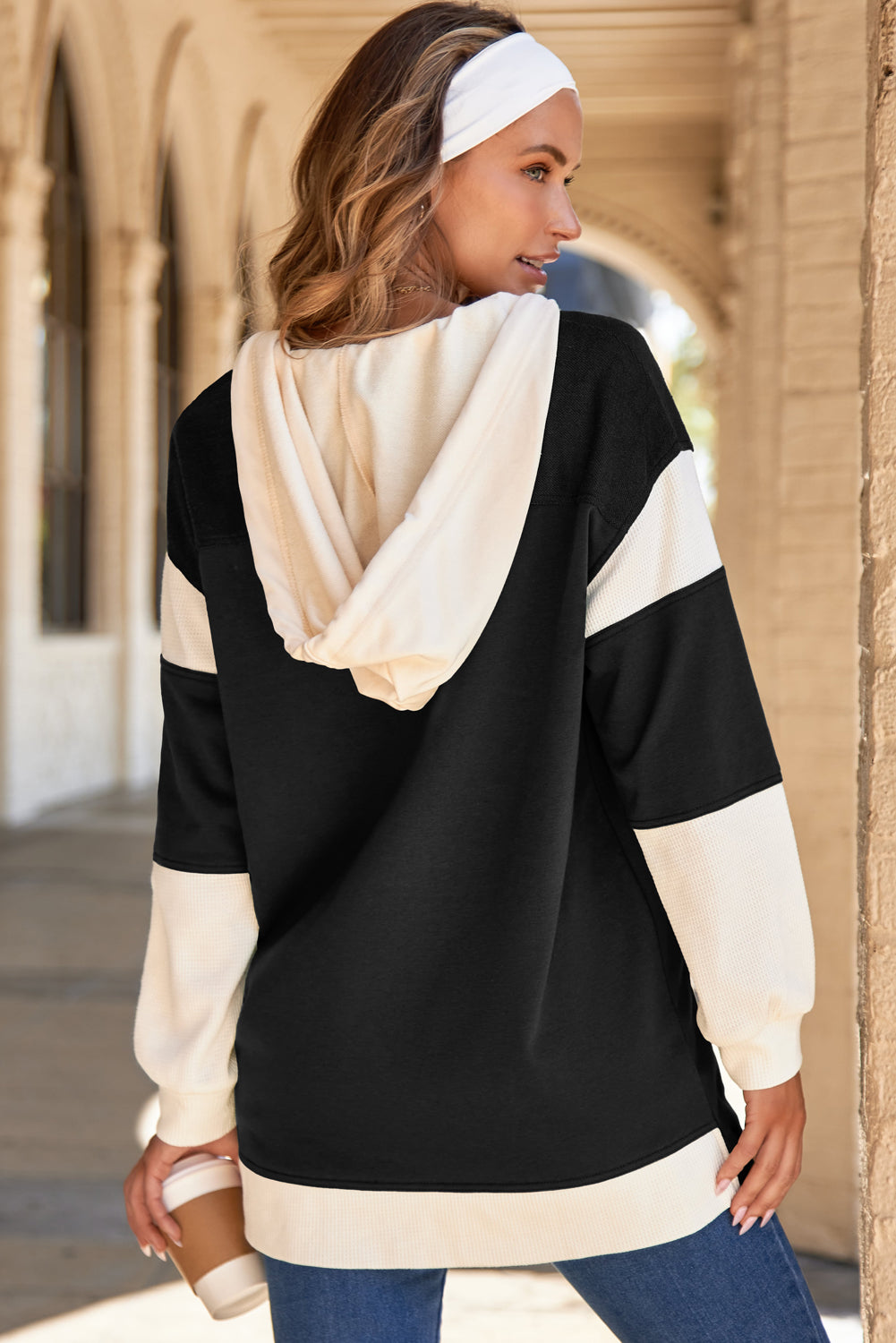 Black Waffle Contrast Knit Color Block Patchwork Button Front Oversize Hoodie