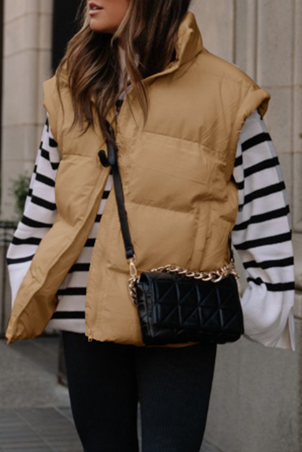 Khaki Oversized Stand Collar Zip Winter Vest