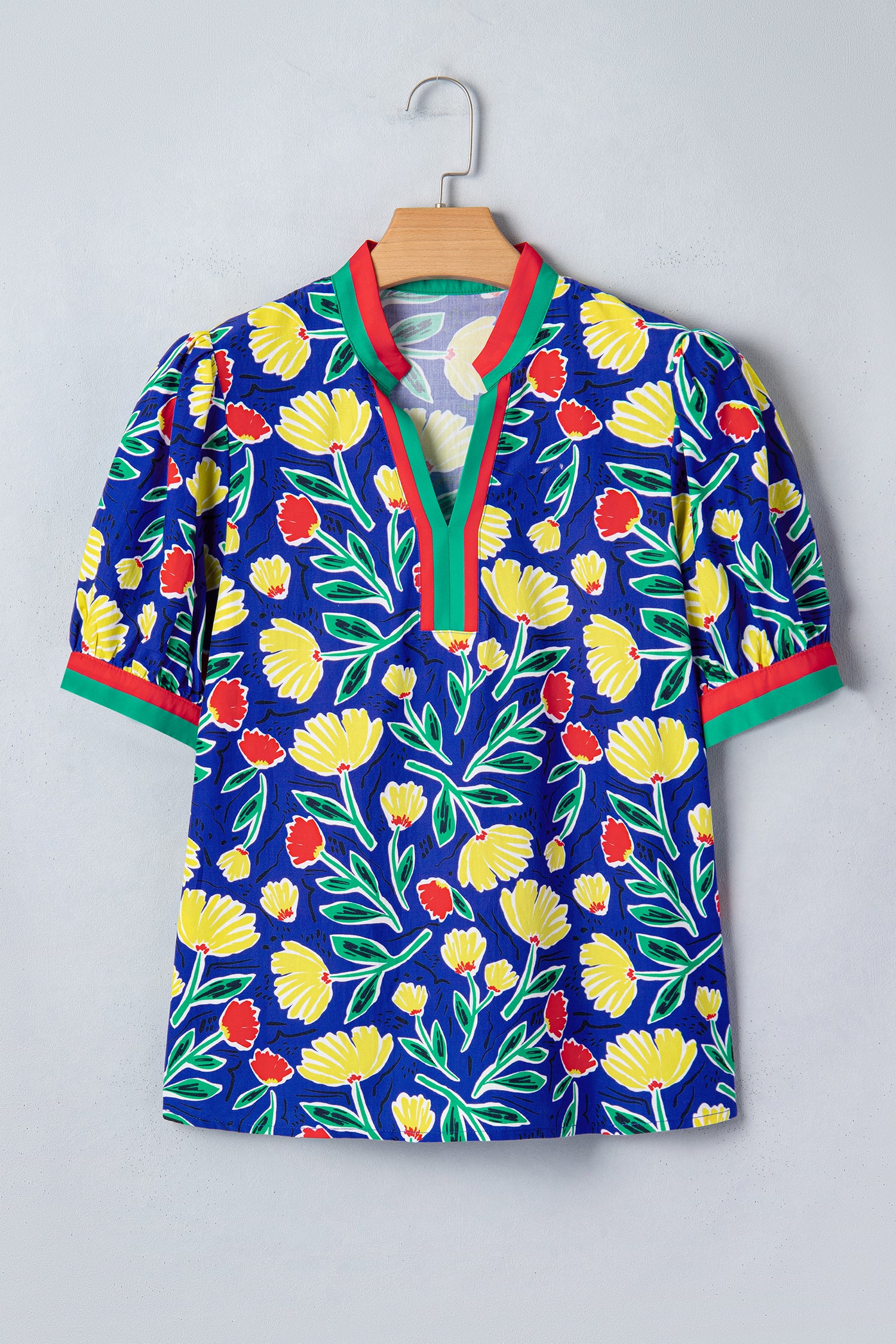Blue Wild Floral Printed Contrast Striped Patchwork V Neck Short Sleeve Blouse