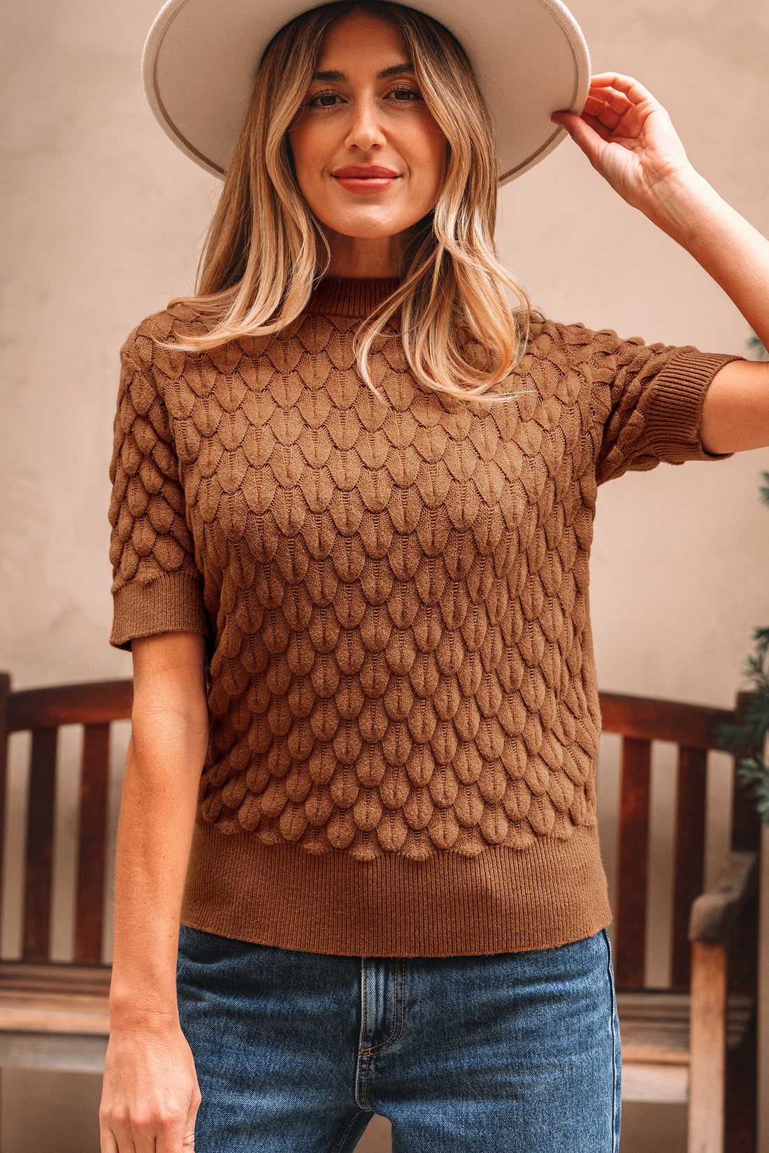 Straw Yellow Fish Scale Textured Knit Ribbed Crew Neck Short Sleeve Sweater