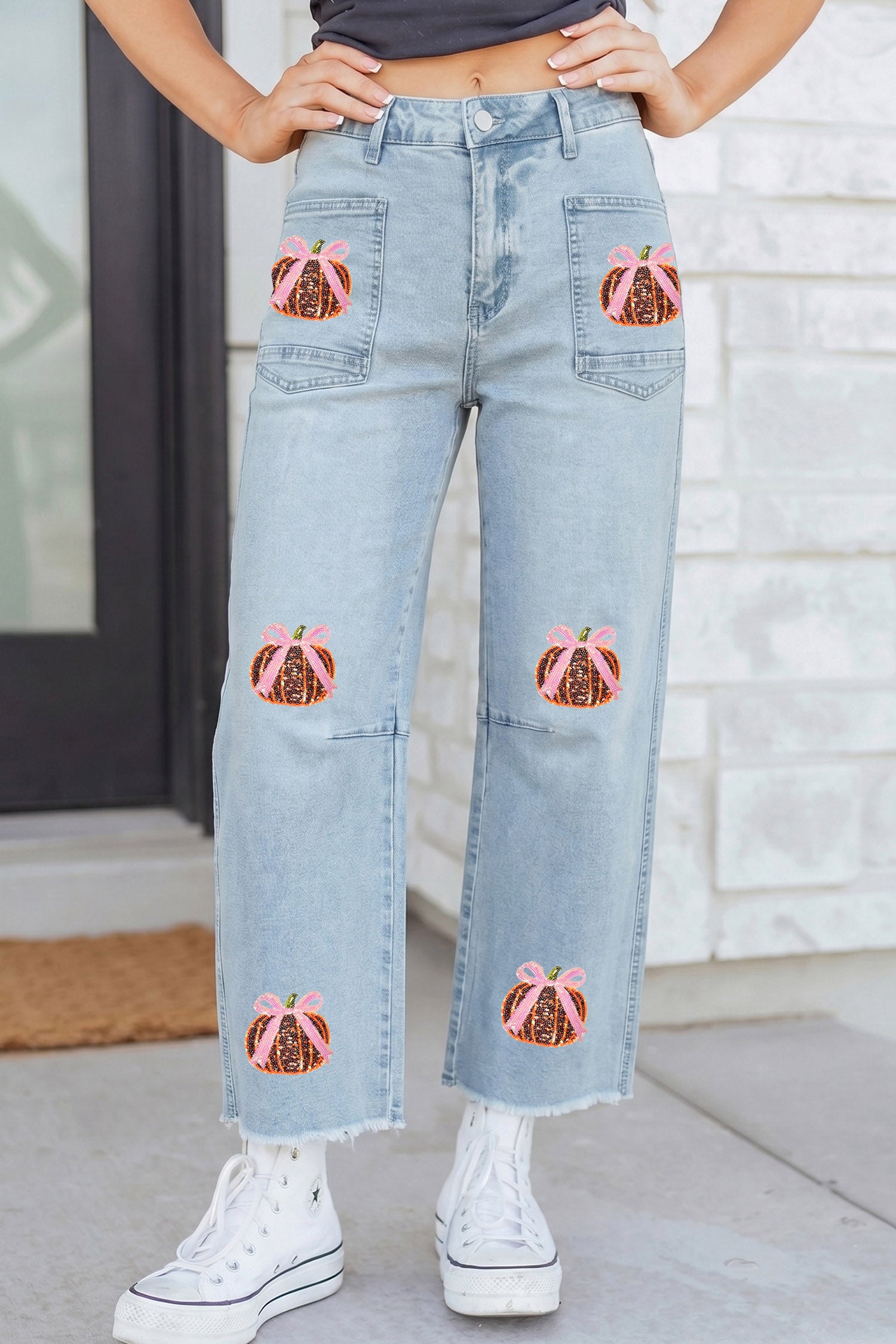 Beau Blue Sequined Pumpkin Patchwork Ankle-Length Casual Jeans