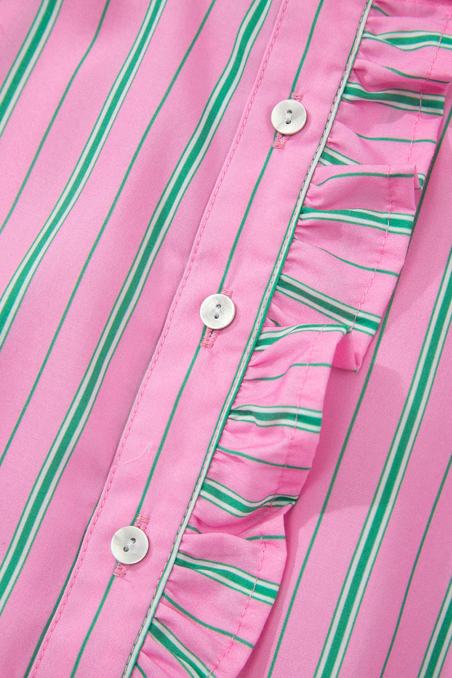 Pink Stripe Ruffle Trim Half Button Short Puff Sleeve Blouse