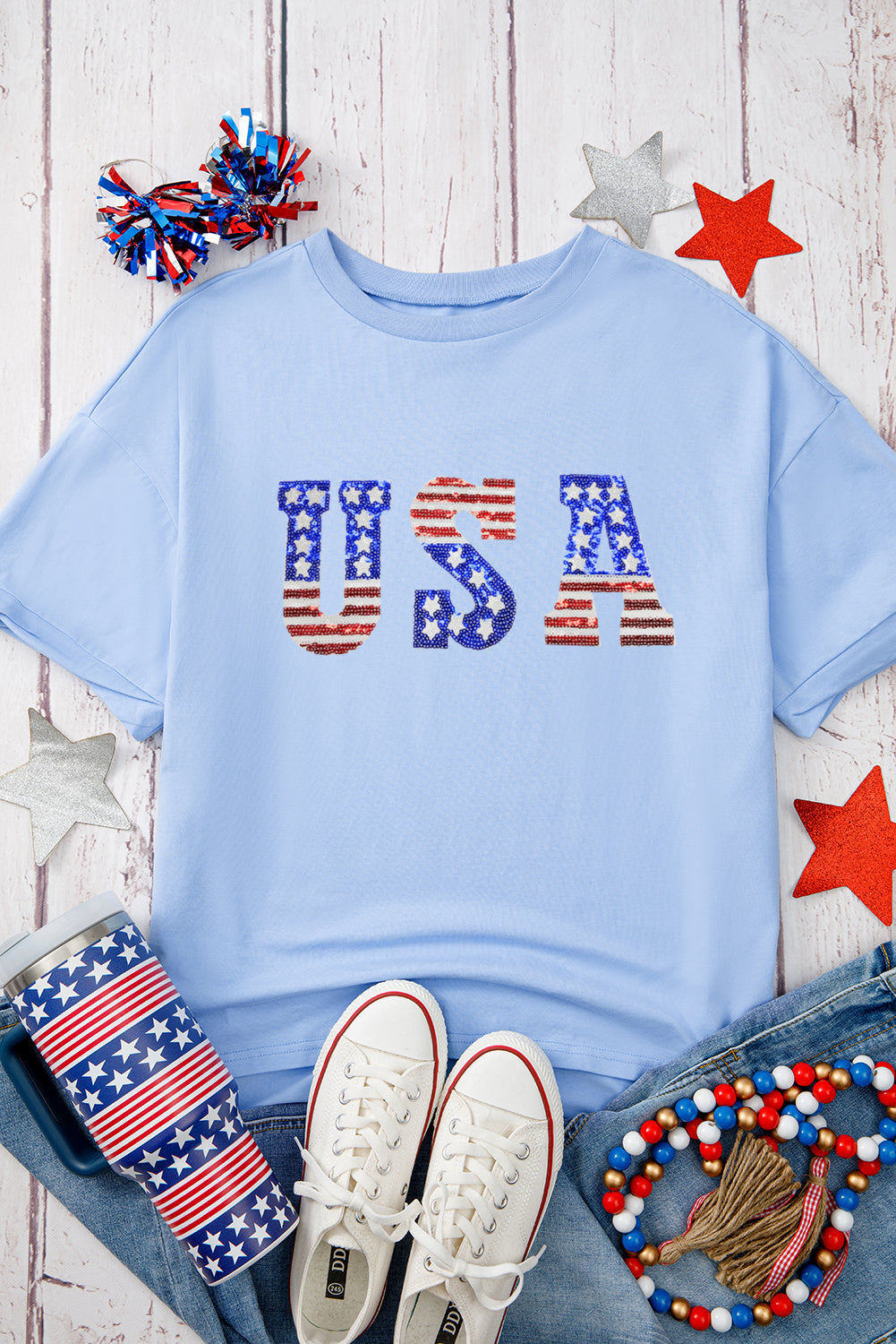 Myosotis USA Patched Drop Sleeve Crewneck T Shirt