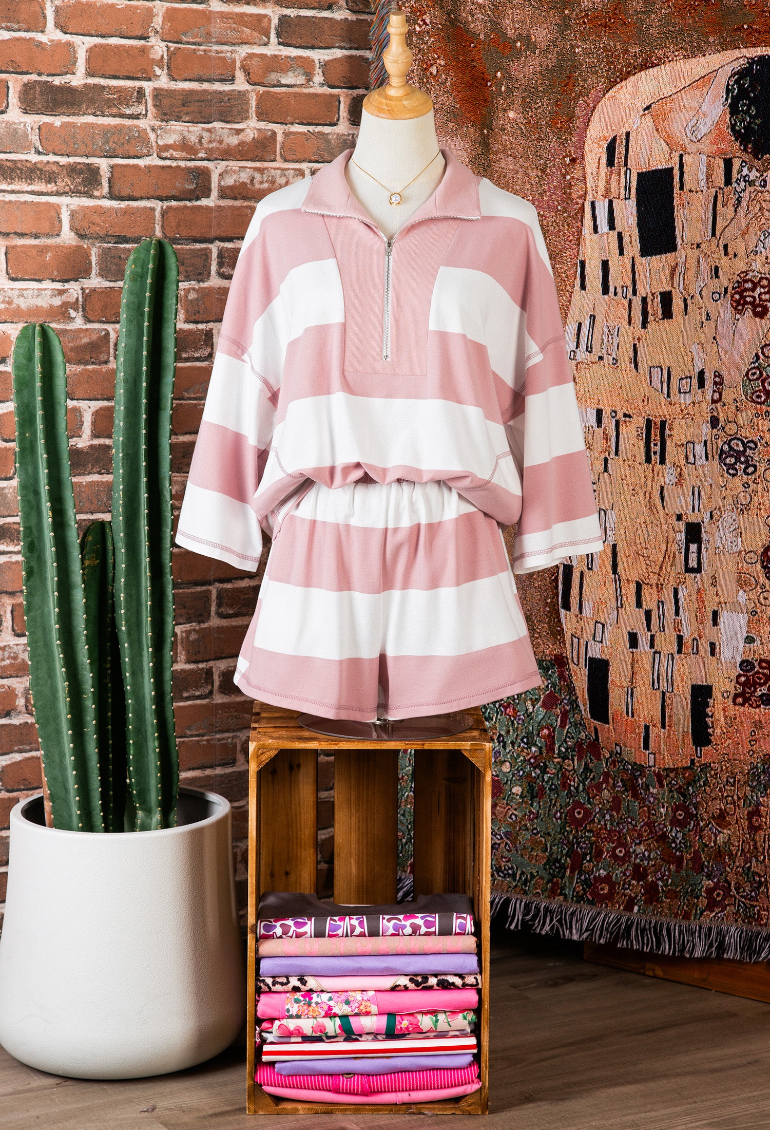 Pink Stripe Half Zip Bracelet Sleeve Top Casual Short Set