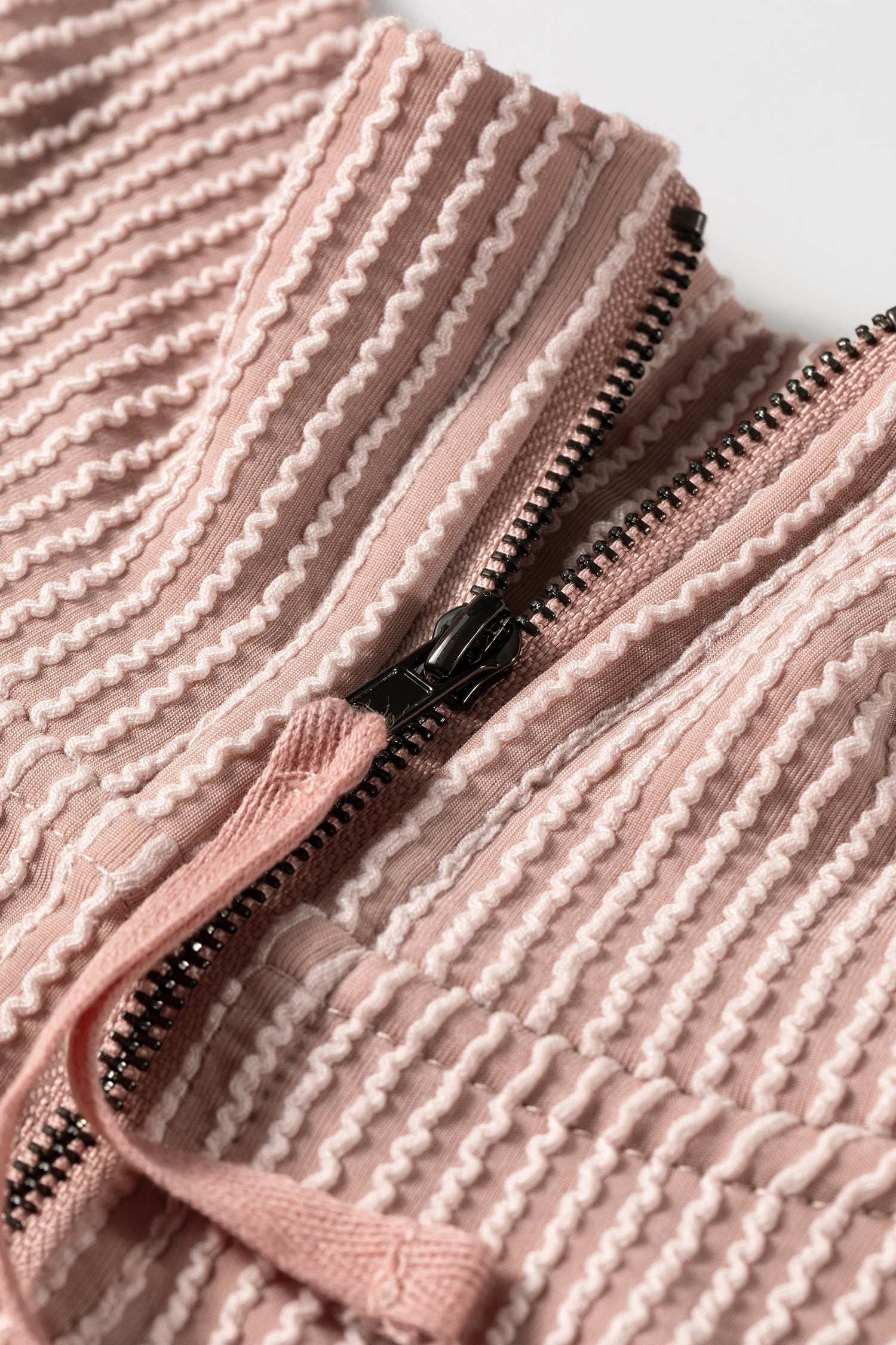 Oatmeal Twist Ribbed Zipper Collar Drop Shoulder Long Sleeve Top