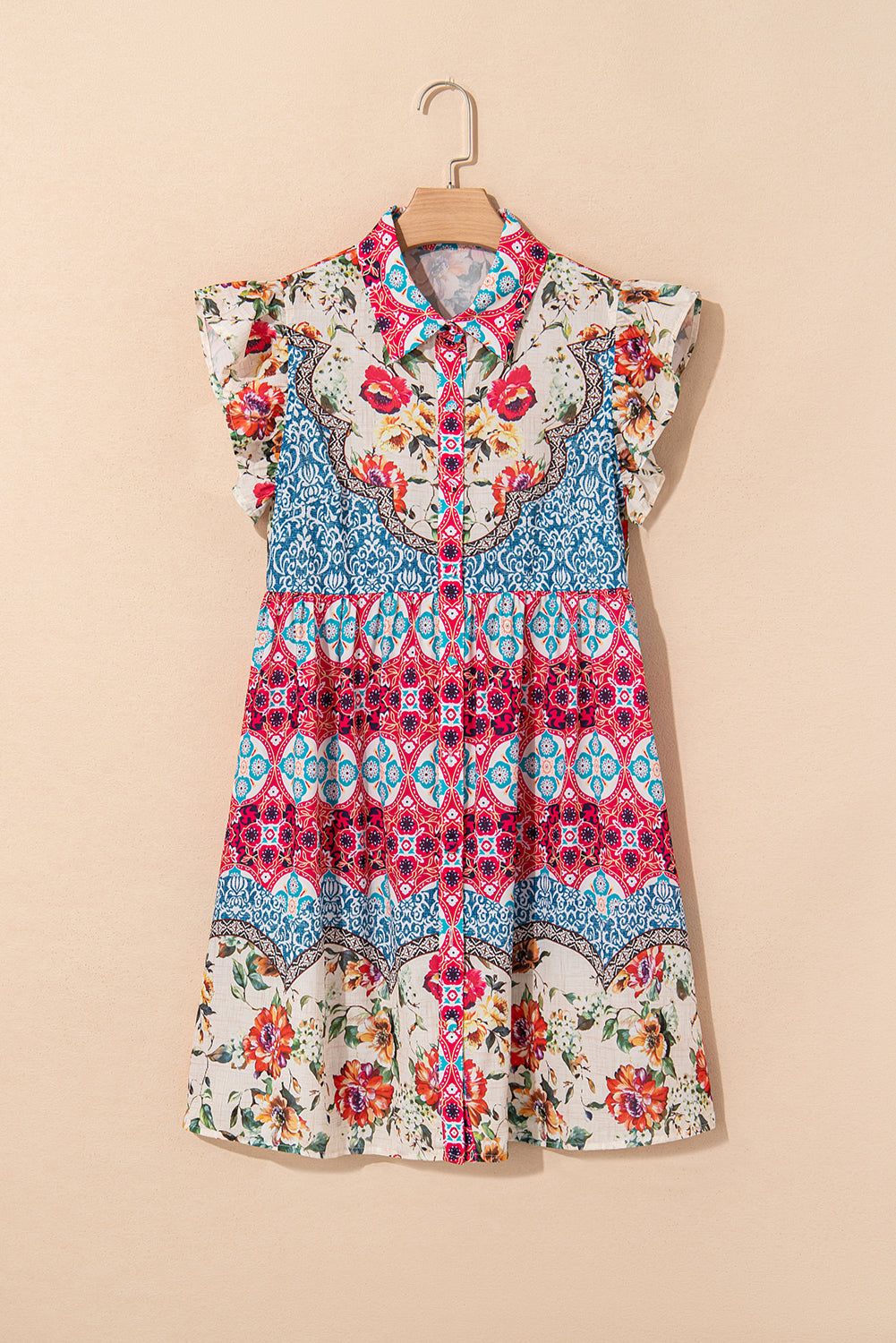 Rose Floral Mixed Pattern Ruffle Flutter Sleeve Buttoned Dress