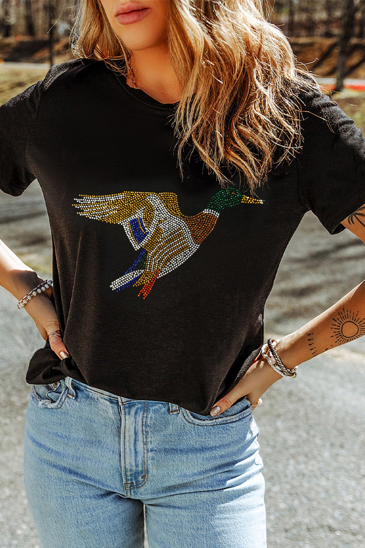 Black Rhinestone Flying Mallard Graphic Casual Round Neck T Shirt