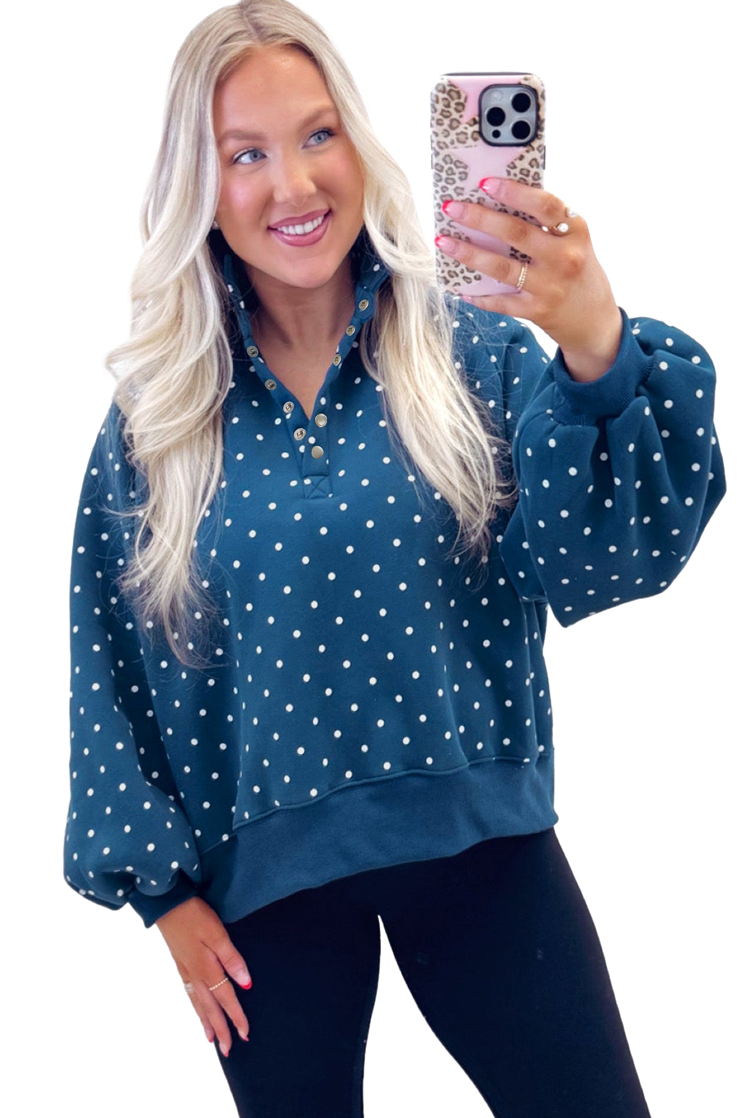 Blue Polka Dot Print Metal Button Collar Casual Pullover Sweatshirt