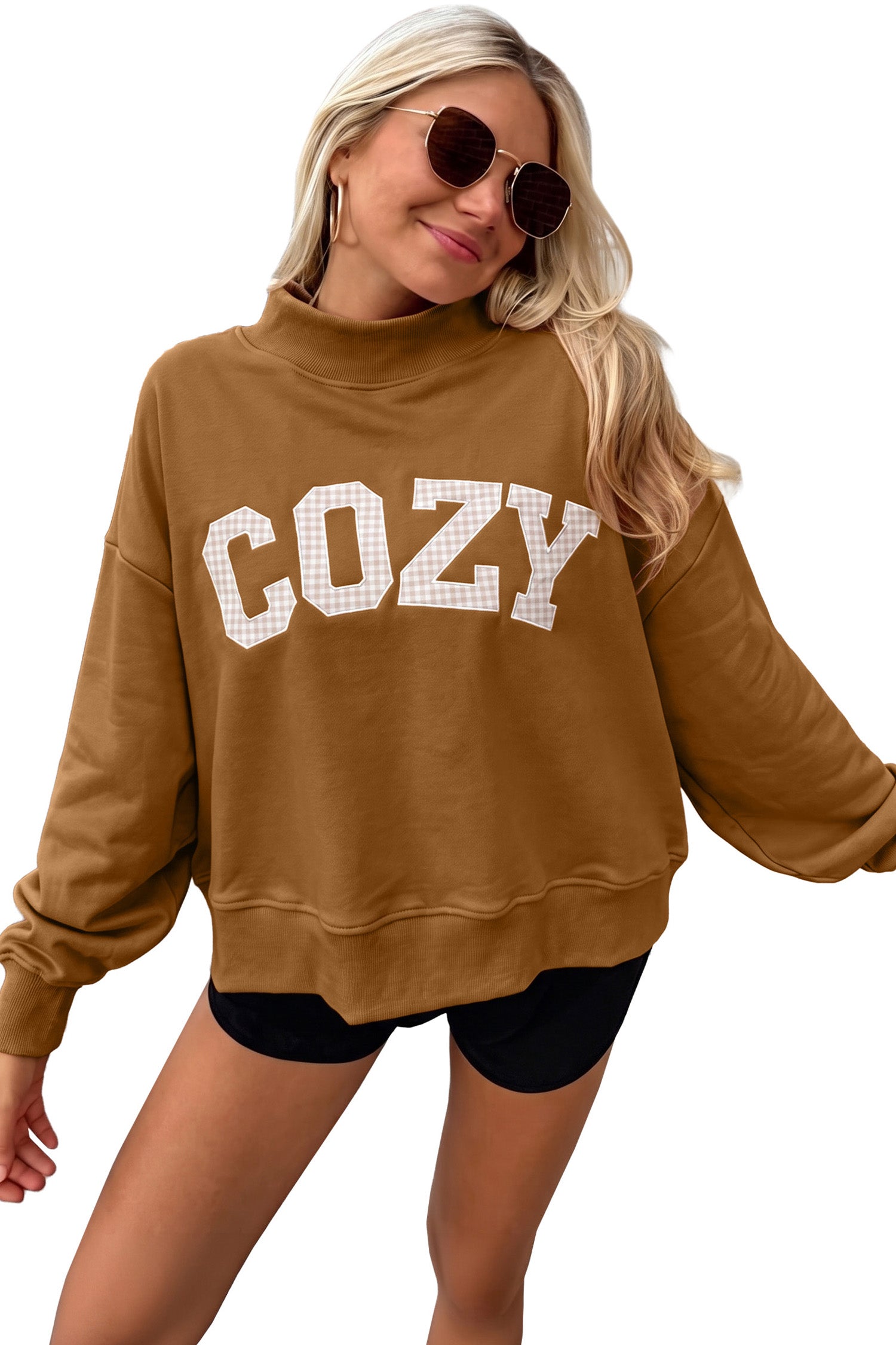 Chestnu COZY Embroidered Long Sleeve Stand Neck Shift Pullover Sweatshirt