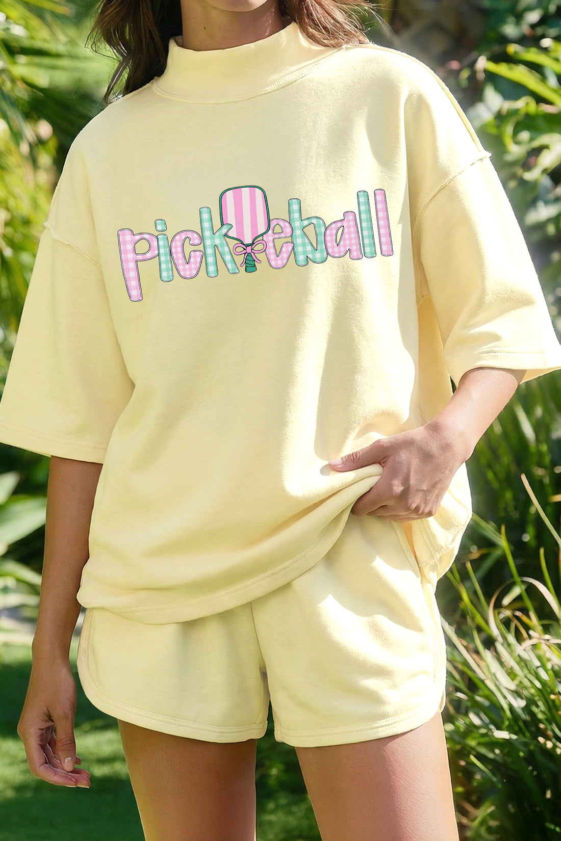 Yellow Cream pickleball Mock Neck Tee Athleisure Short Set
