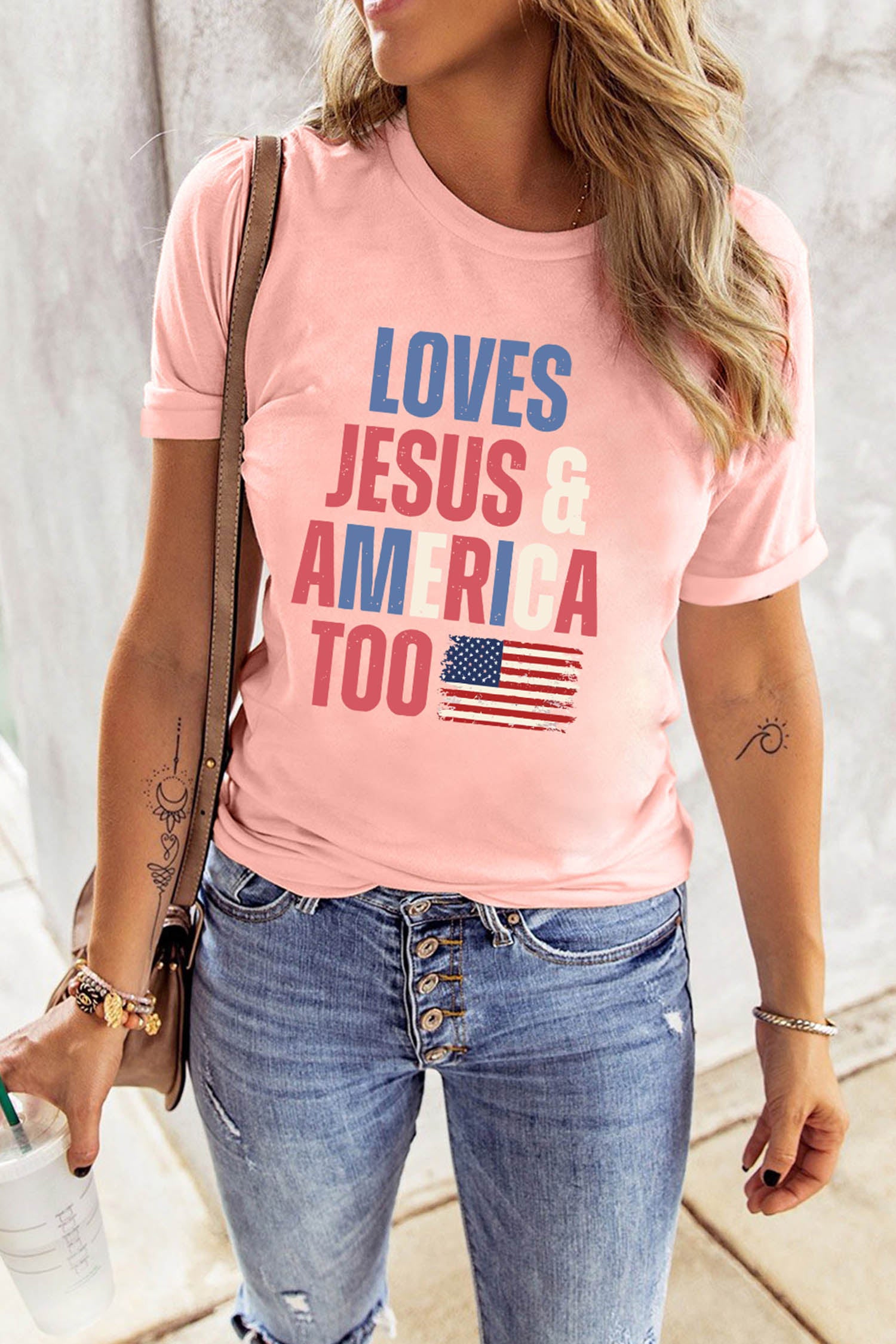 Pink LOVES JESUS & AMERICA TOO Patriotic Flag Graphic Tee