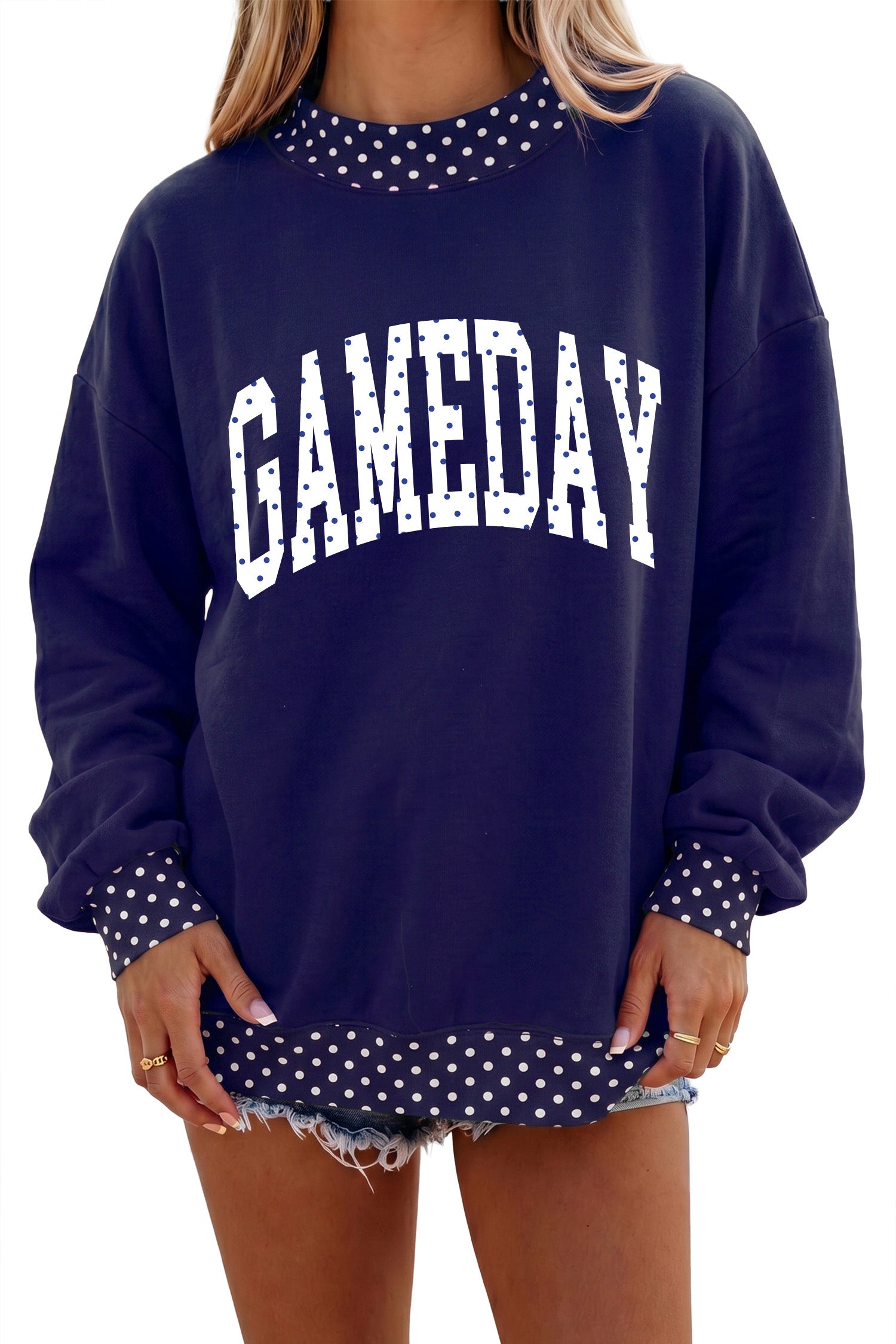 Dark Blue Polka Dot Trim Game Day Letter Print Tunic Graphic Sweatshirt