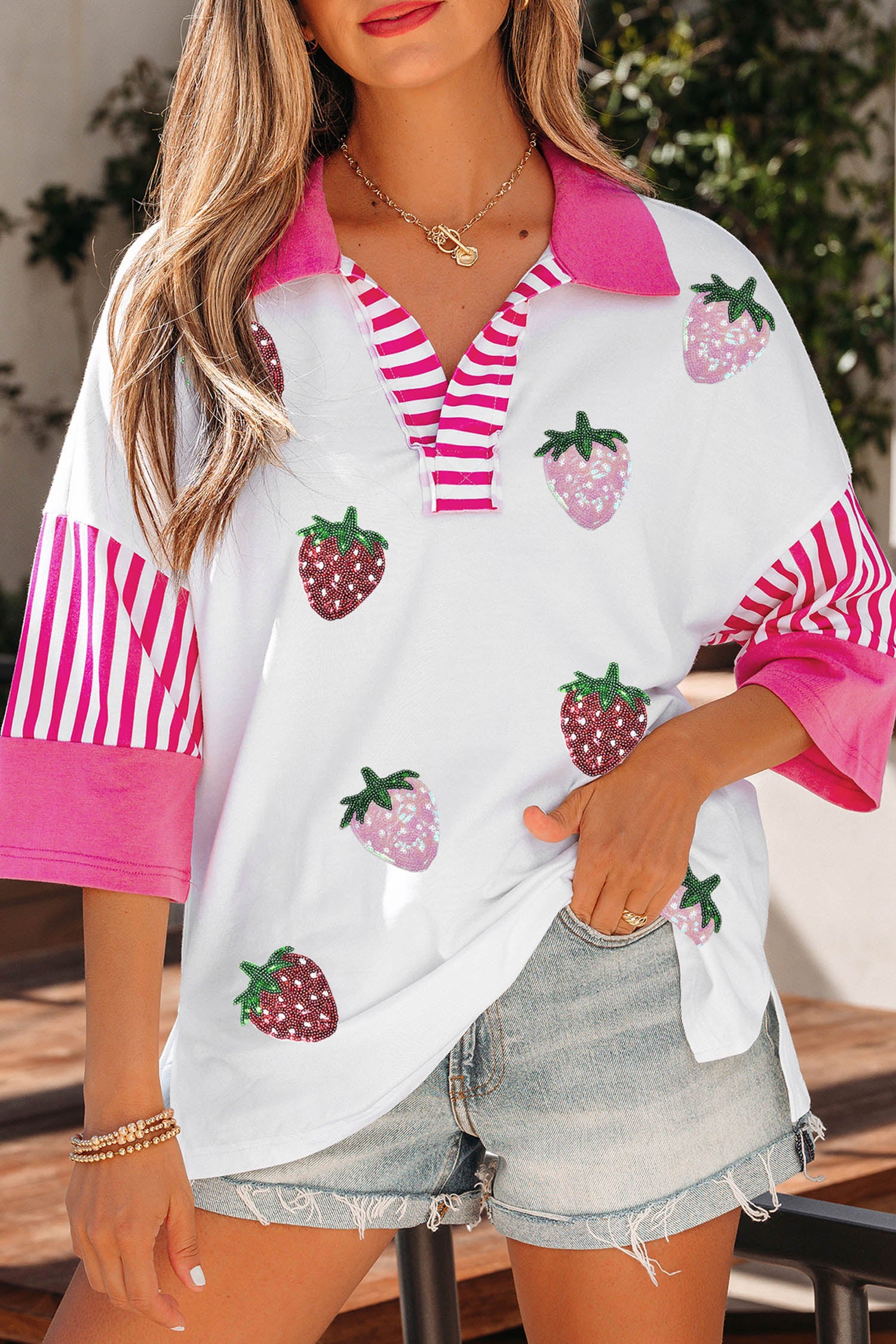 White Sequin Strawberry Print V Neck Striped Sleeve Casual Summer Tee