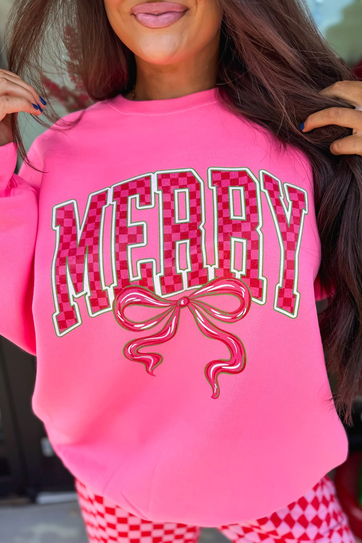 Pink Christmas Slogan Graphic Plaid Contrast Two-piece Pant Set