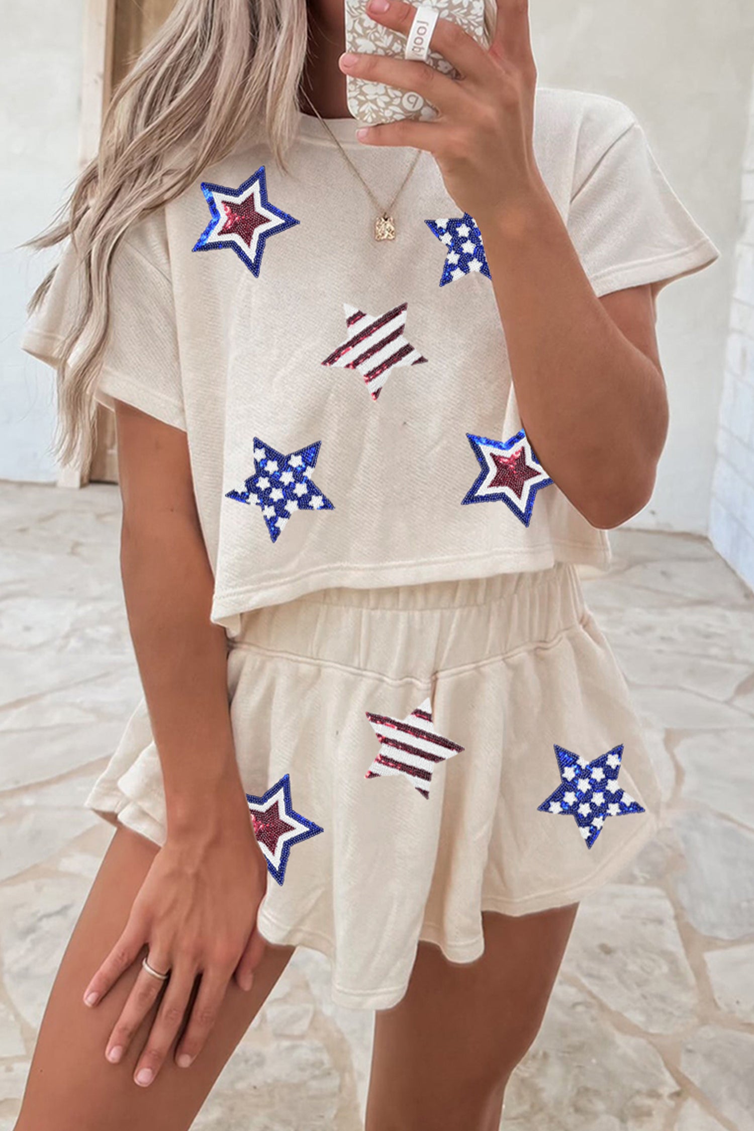 Beige Sequin Patriotic Star Cropped Tee Skort 2pcs Set