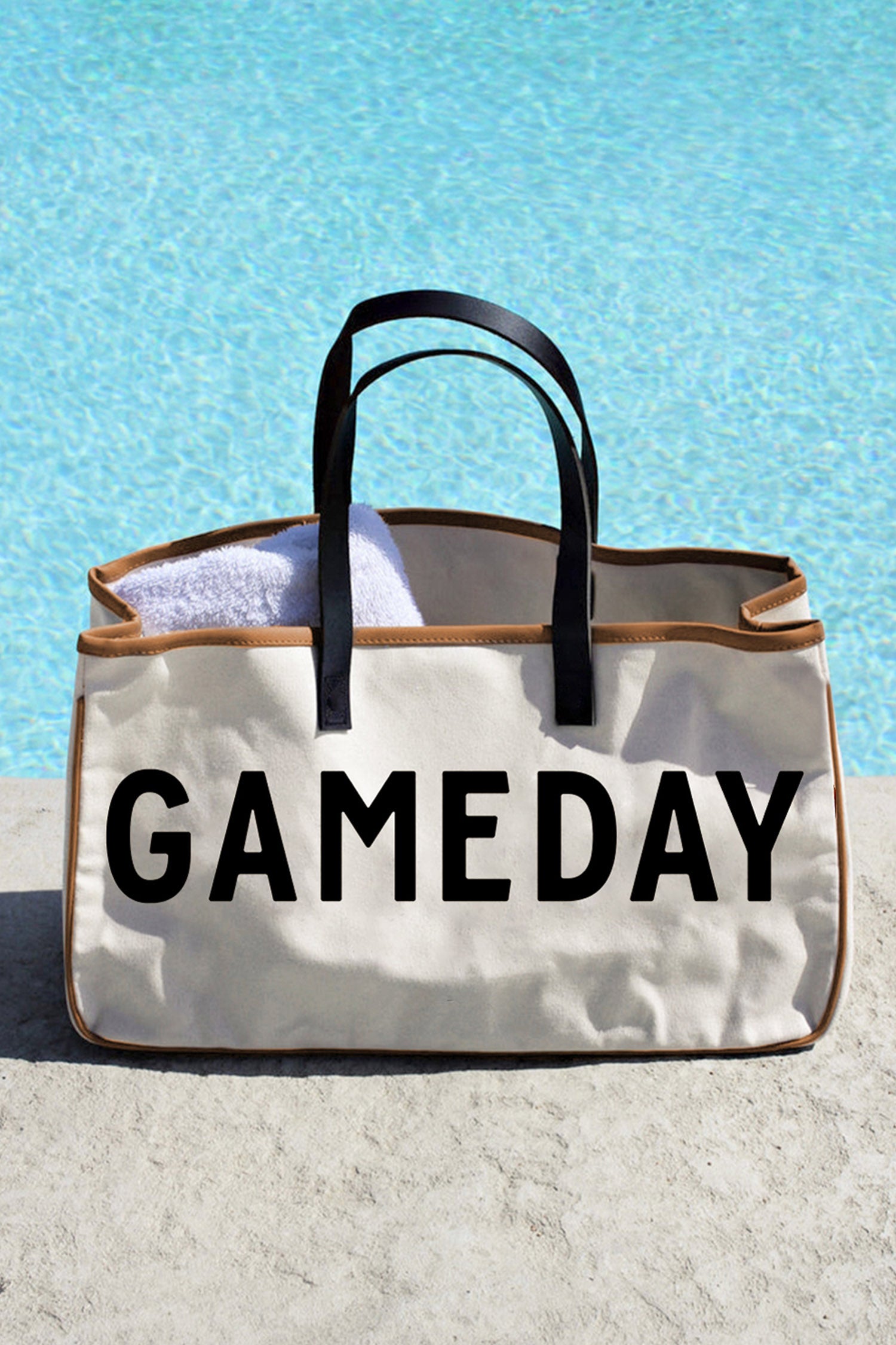 Beige Contrast Handle Leather Trim Canvas GAMEDAY Tote Bag