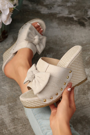 Oatmeal Cute Bow Knot Studded Wedge Platform Slippers