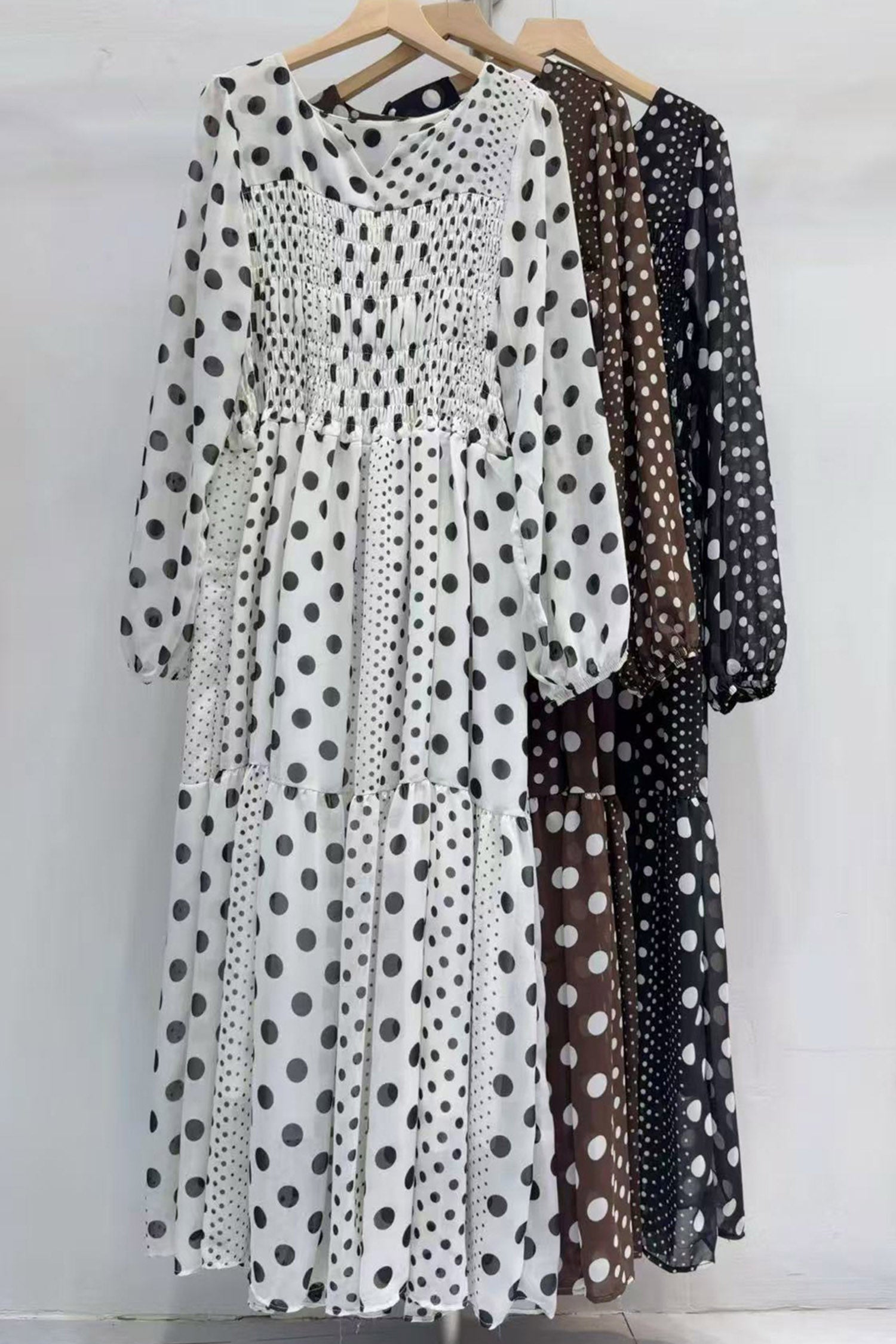 Brown Polka Dot Contrast Patchwork Long Sleeve Shift Dress