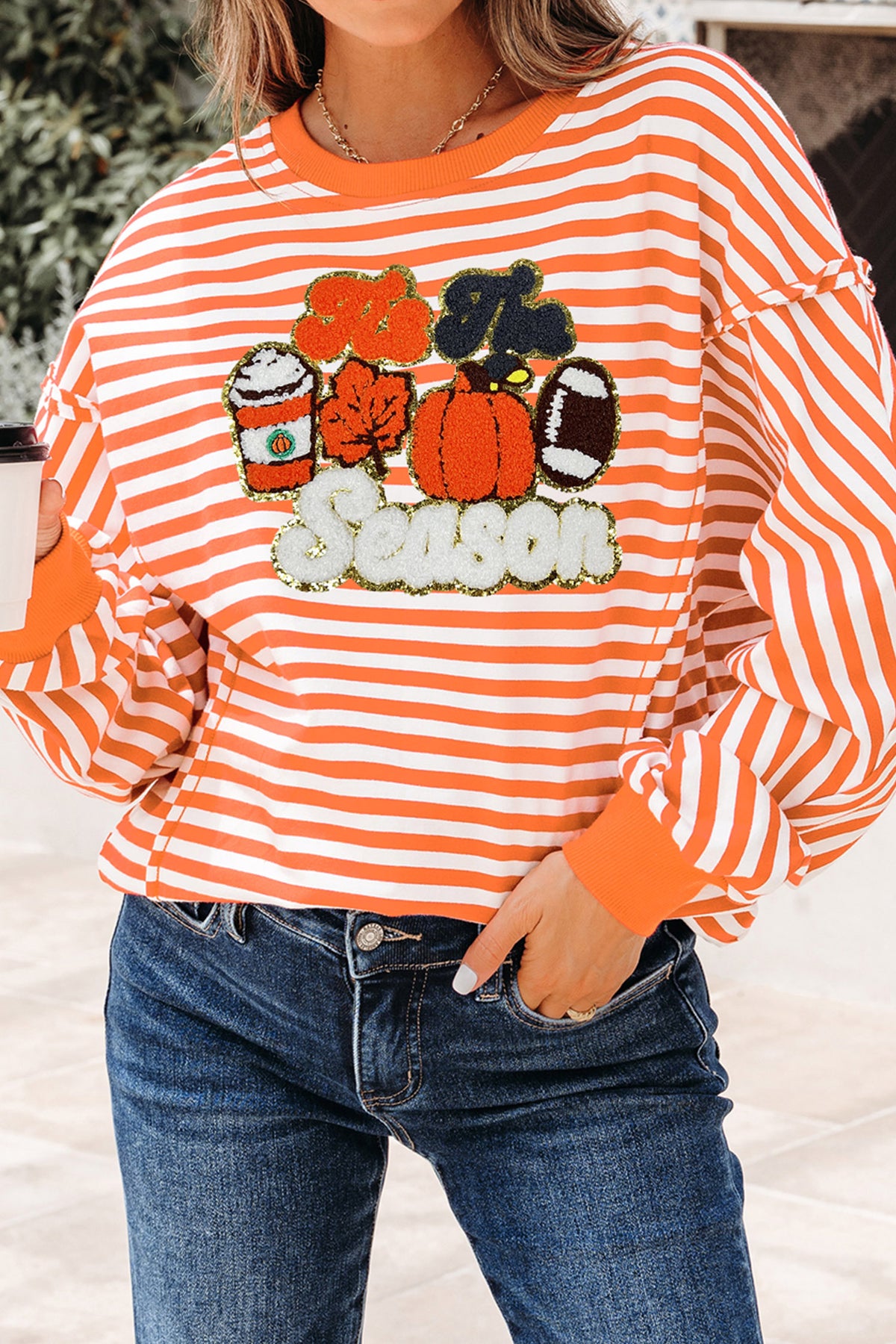 Orange Stripe Fall Vibe Pumpkin Season Graphic Long Sleeve Top