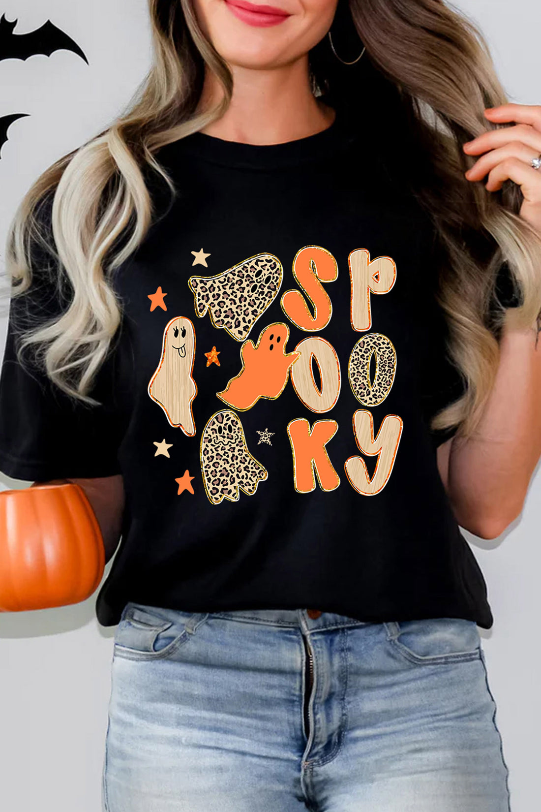 Black Halloween Spooky Ghost Print Short Sleeve Casual Graphic T-Shirt