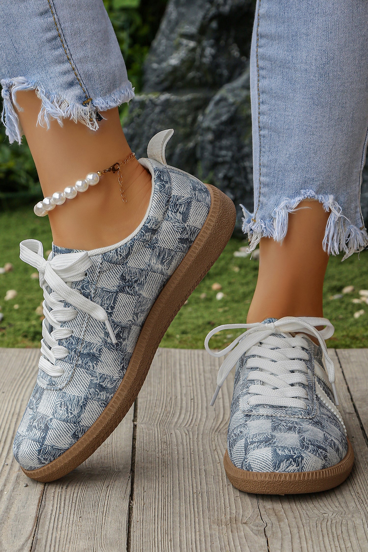 Ashleigh Blue Stylish Denim Checkered Print Lace Up Flat Shoes