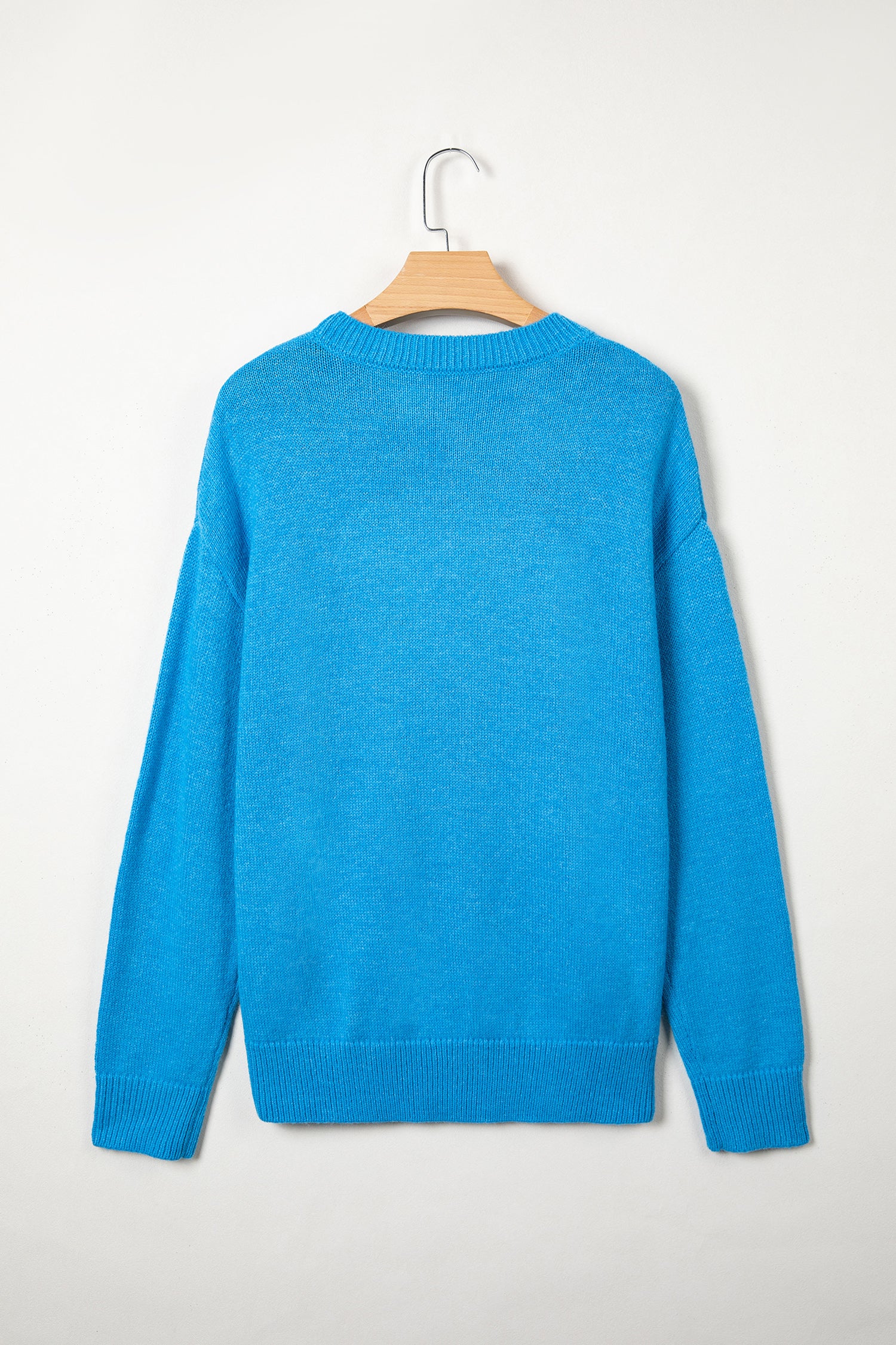 Sky Blue Western Embroidery Drop Shoulder Pullover Sweater