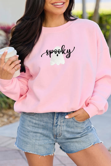 Pink Embroidered Ghost Halloween Graphic Sweatshirt