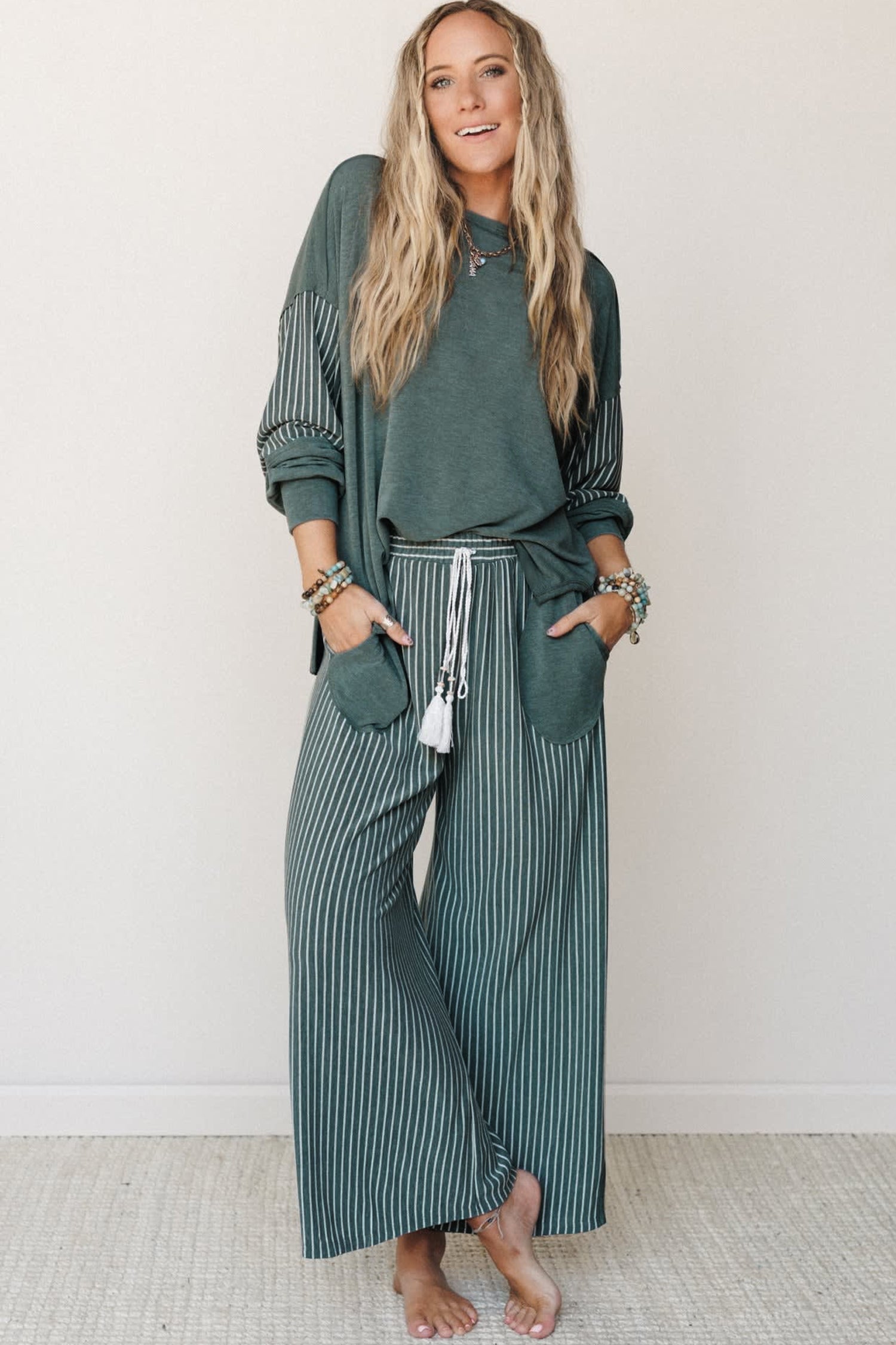 Green Bay Raw Seam Patchwork Long Sleeve Top Pocket Casual Pants 2pcs Set