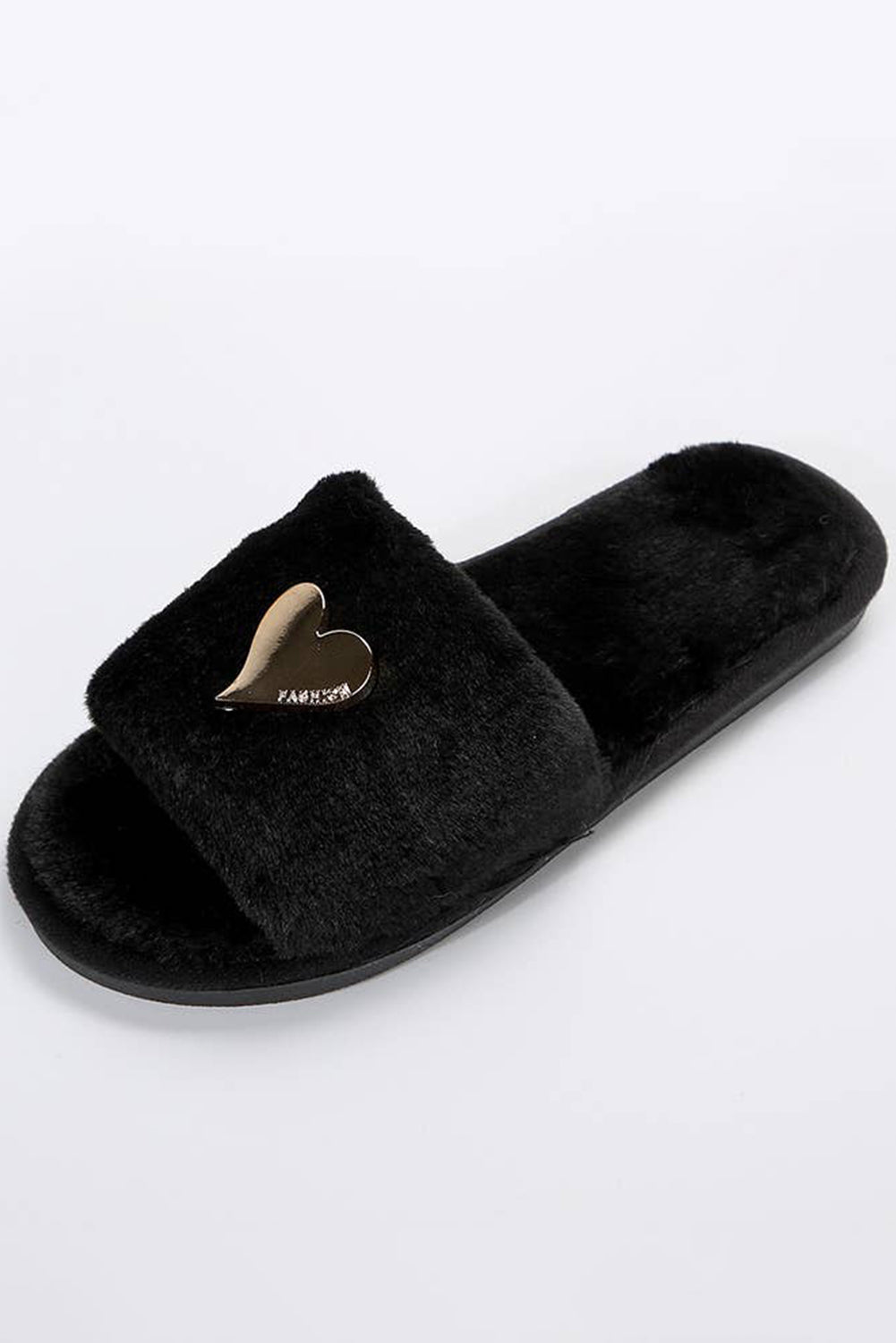 Black Heart Shape Buckle Decor Open Toe Plush Slippers