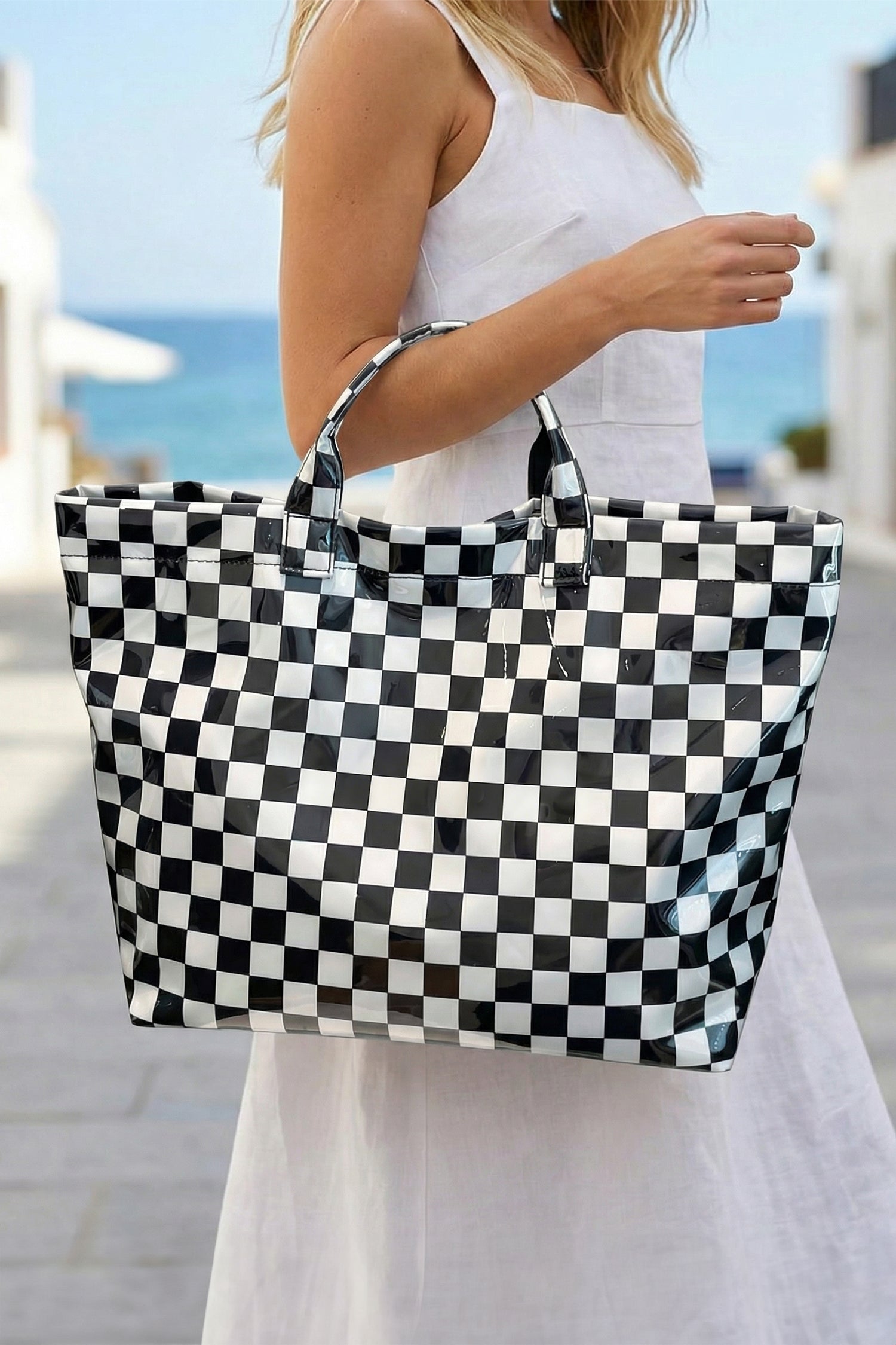 Color black Plaid Pattern PVC Glossy Waterproof Tote Bag