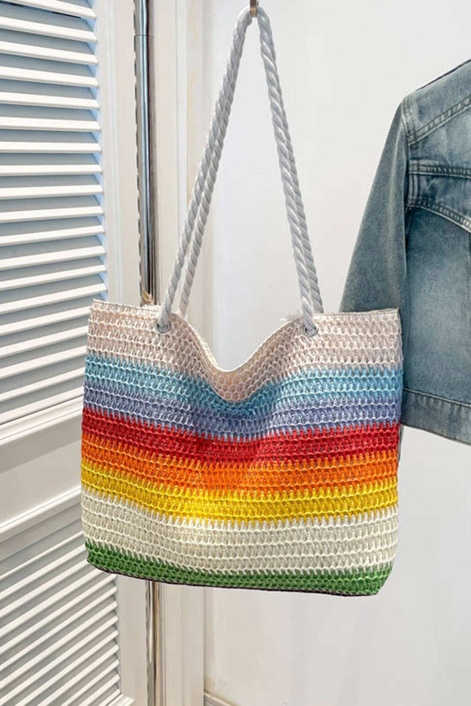 White Rainbow Straw Woven Boho Beach Tote Bag