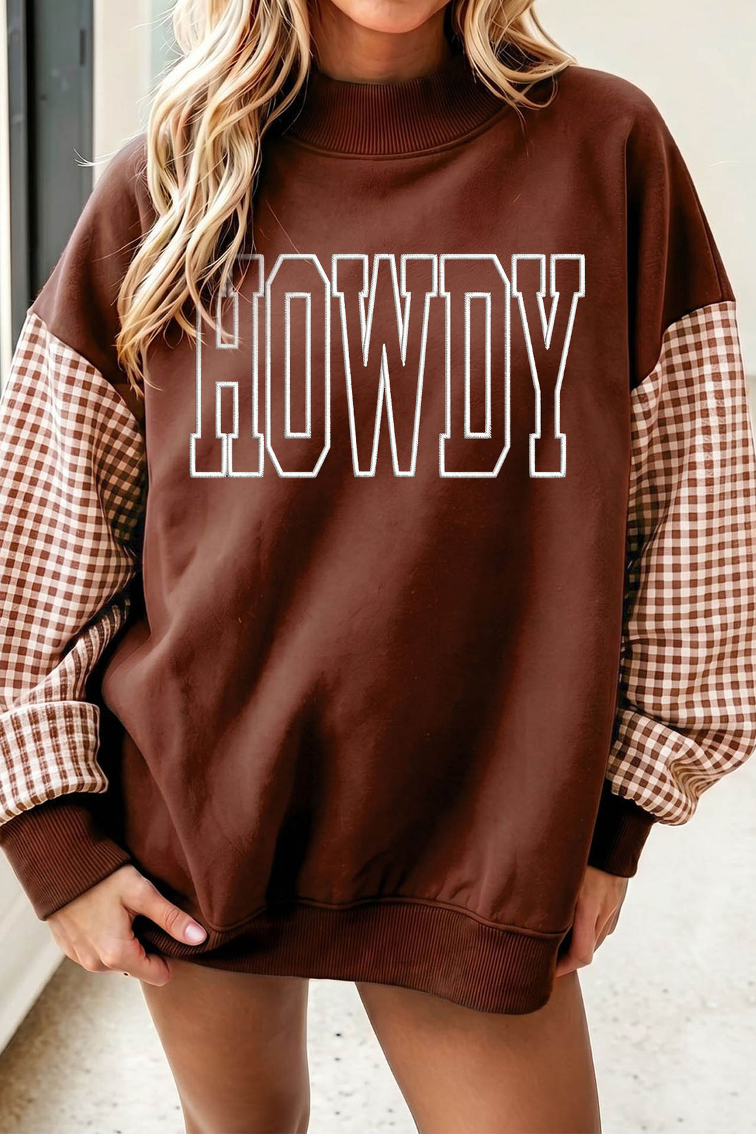 Coffee Contrast Plaid Sleeve HOWDY Embroidered Letter Graphic Mock Neck Sweatshirt