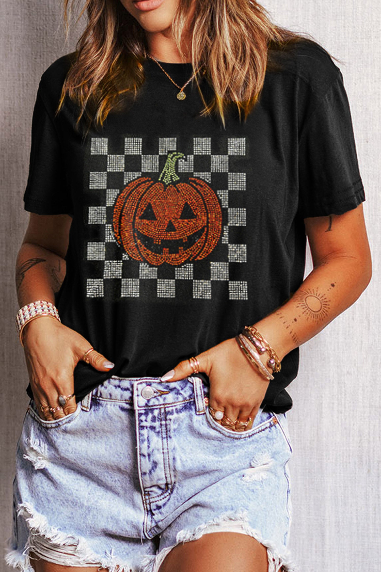 Black Rhinestone Pumpkin Halloween Graphic T-Shirt