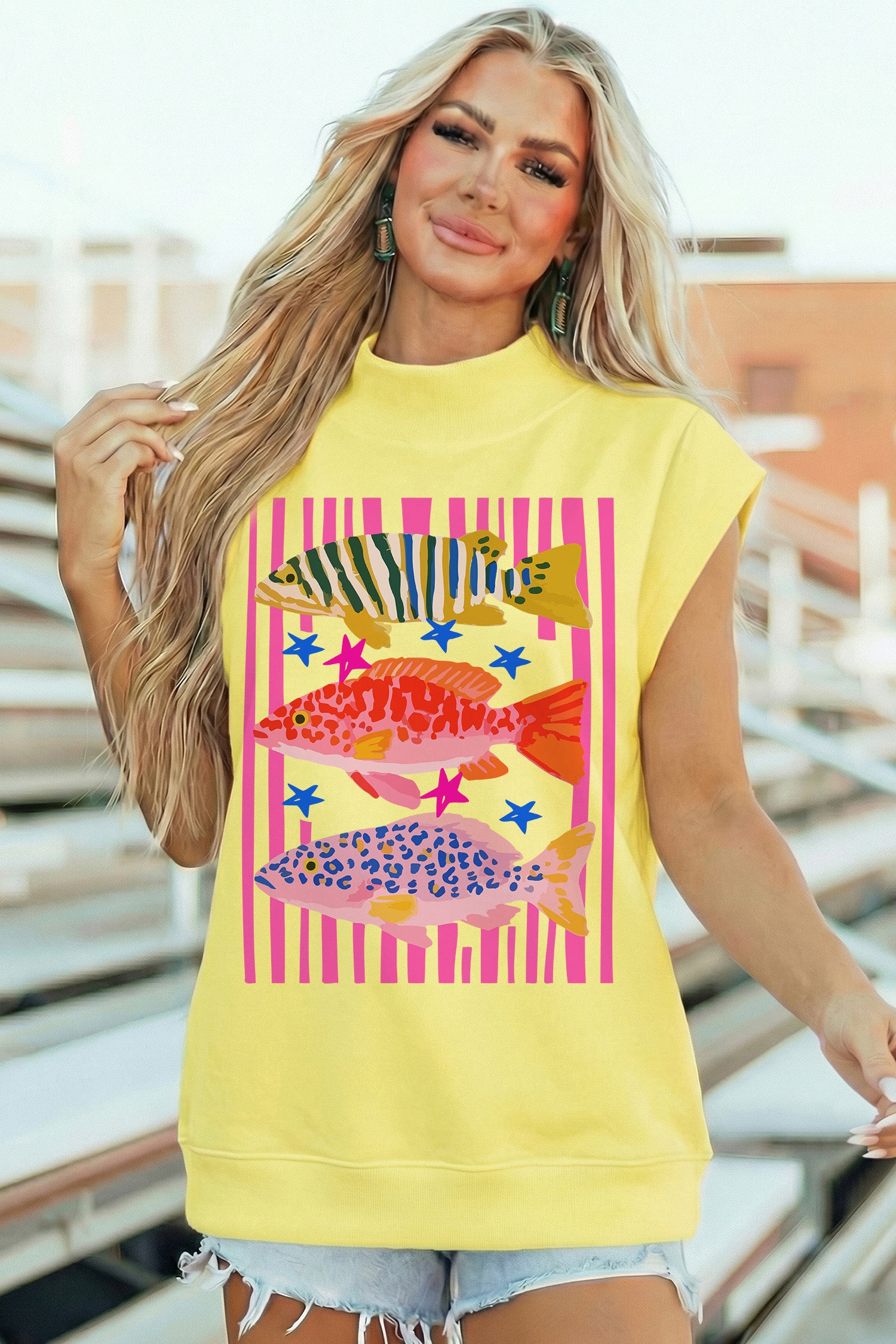 Yellow Vibrant Fishes Striped Pattern High Neck Short Sleeve Top