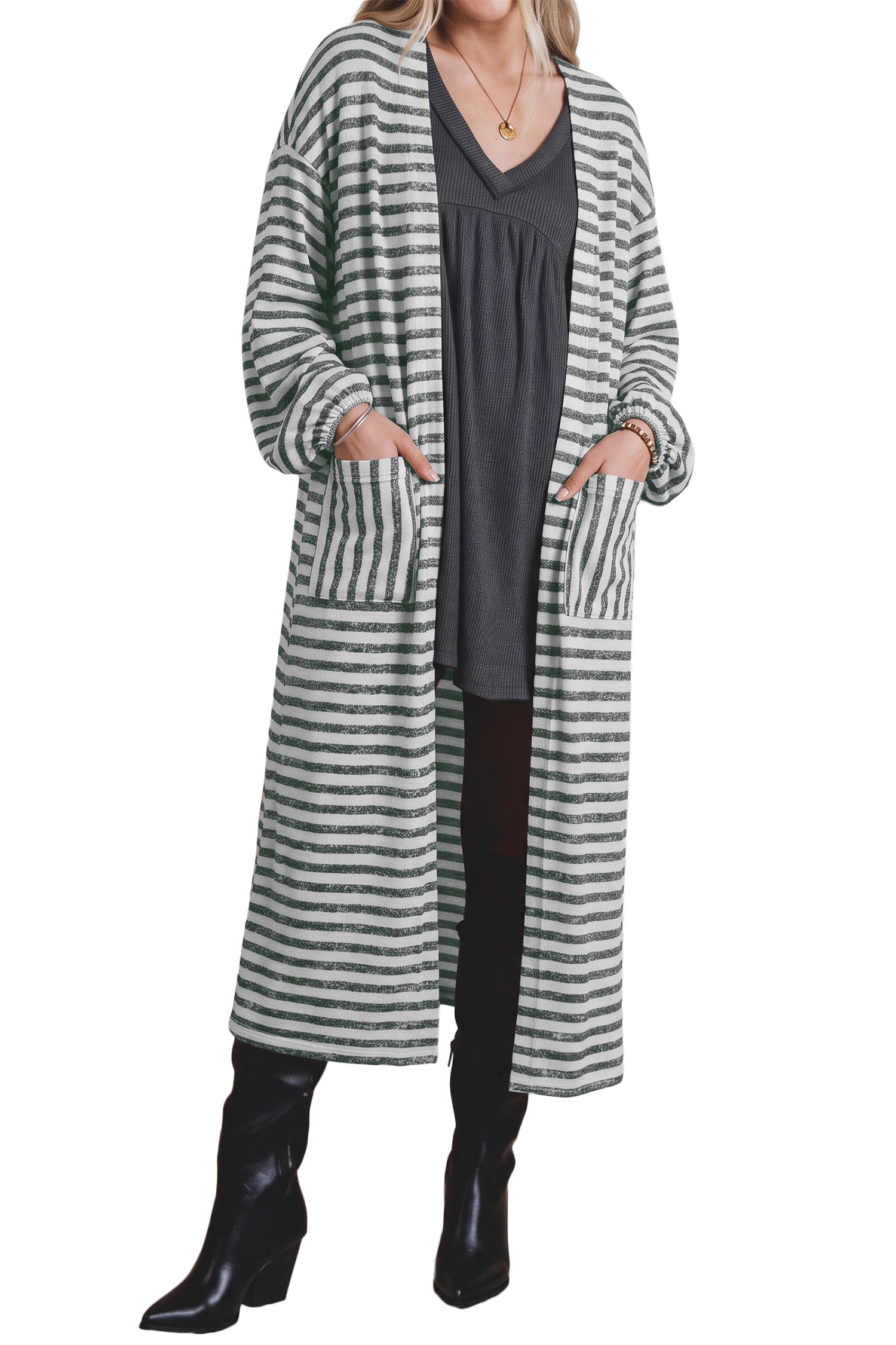 Khaki Stripe Long Puff Sleeve Open Front Oversized Long Cardigan