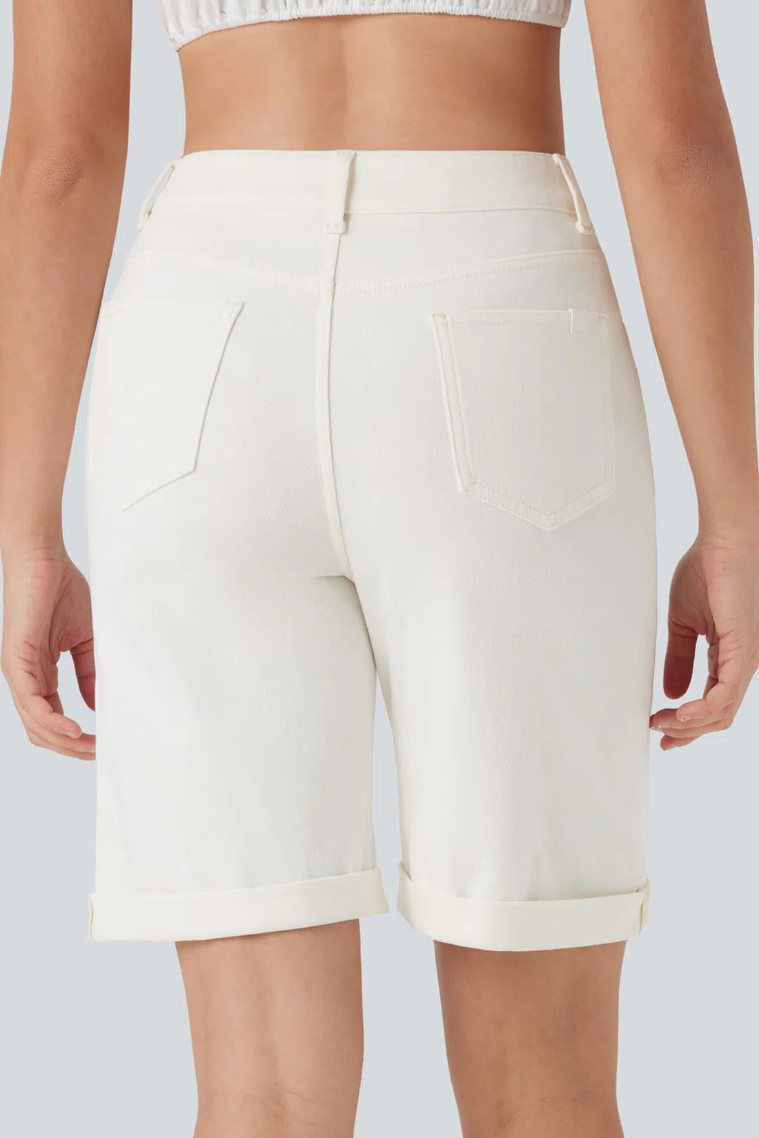 White Solid Color Rolled Cuffs Denim Bermuda Shorts