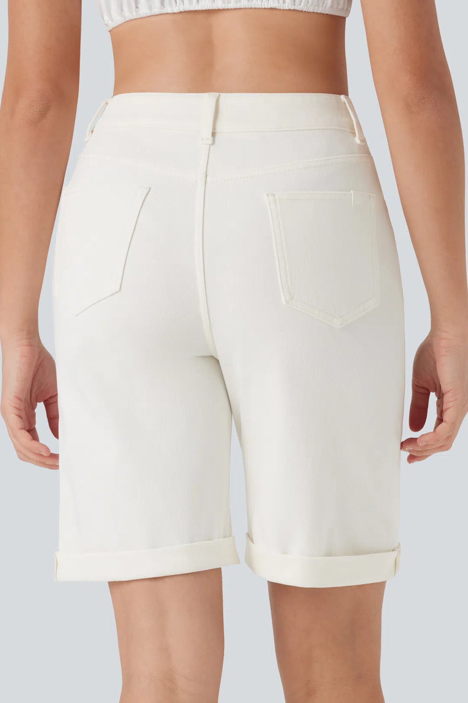 White Solid Color Rolled Cuffs Denim Bermuda Shorts
