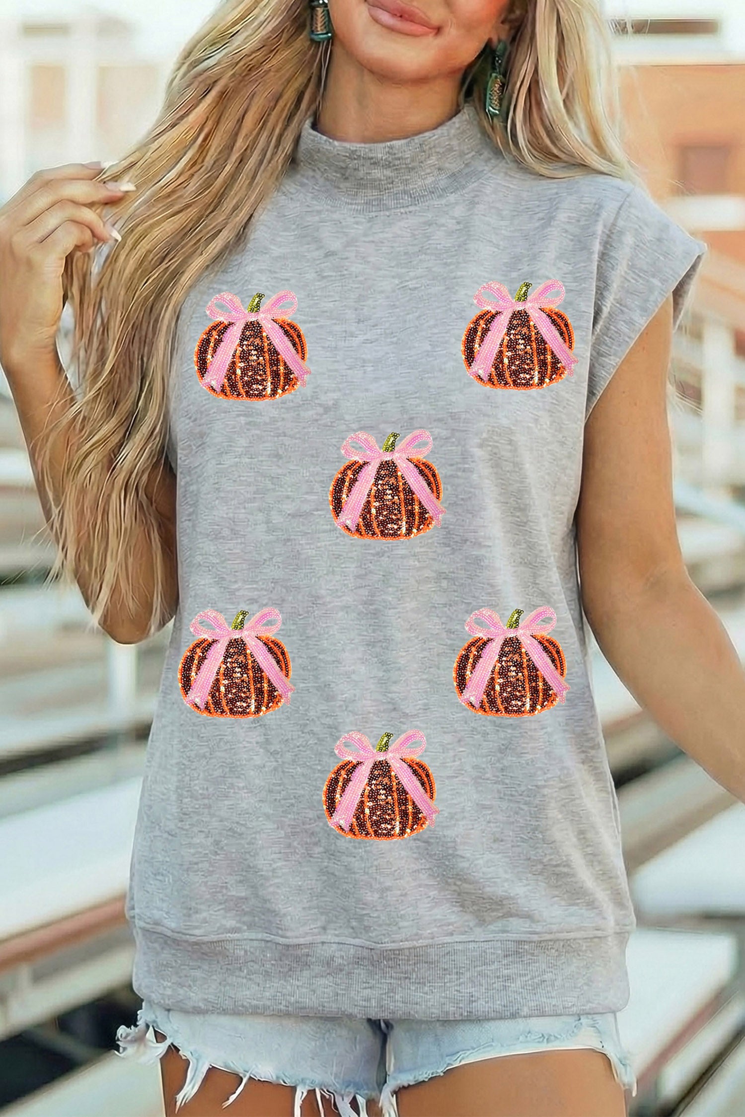 Light Grey Sequin Pumpkin Graphic High Neck Cap Sleeve Top