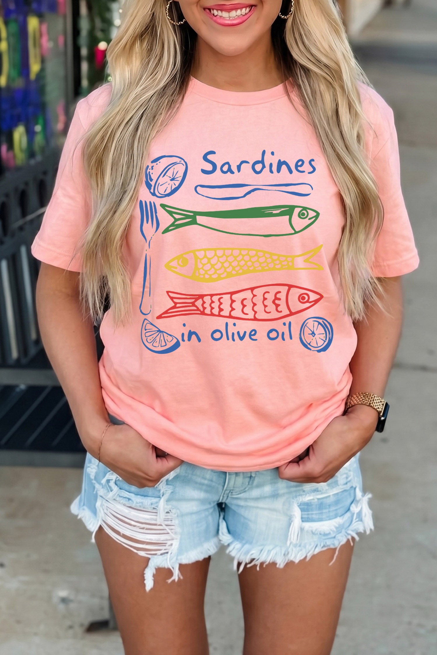 Pink Sardines in Olive Oil Graphic Casual T Shirt