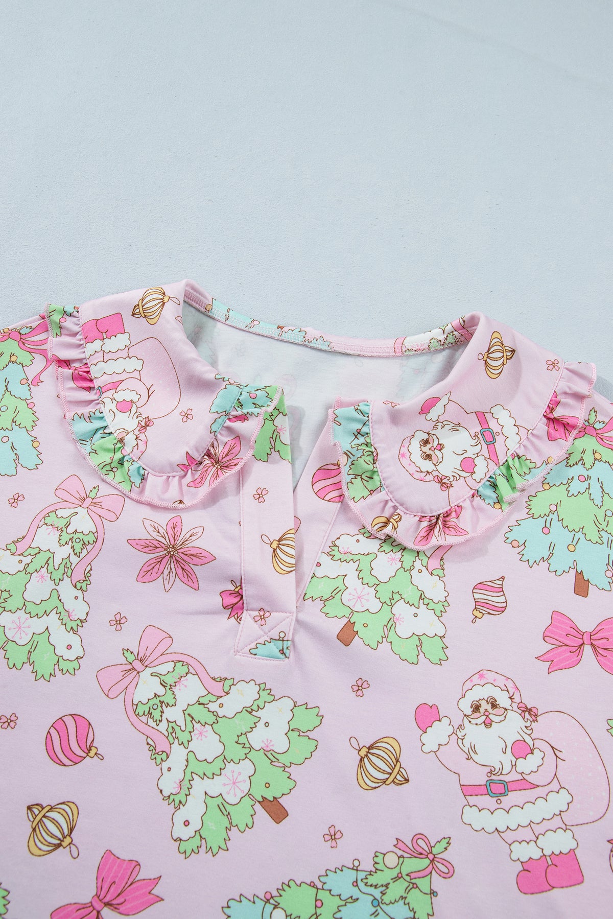 Pink Christmas Print Button Front Long Sleeve Lounge Set