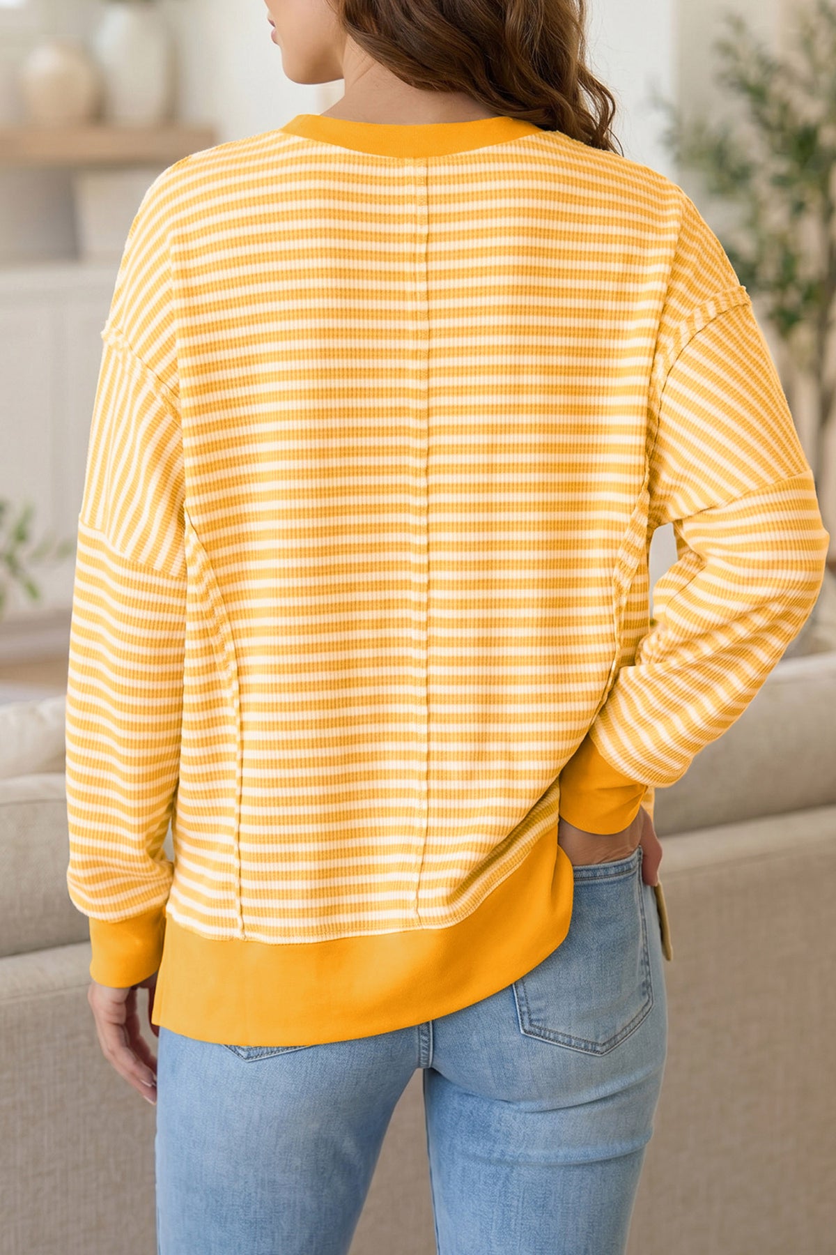 Khaki Stripe Sequin Turkey Graphic Split Hem Long Sleeve Relaxed Top