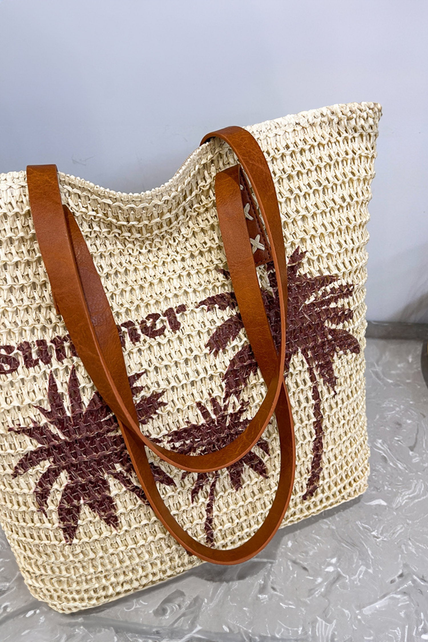 Khaki Straw Woven Summer Palm Tree Print Vacation Tote Bag