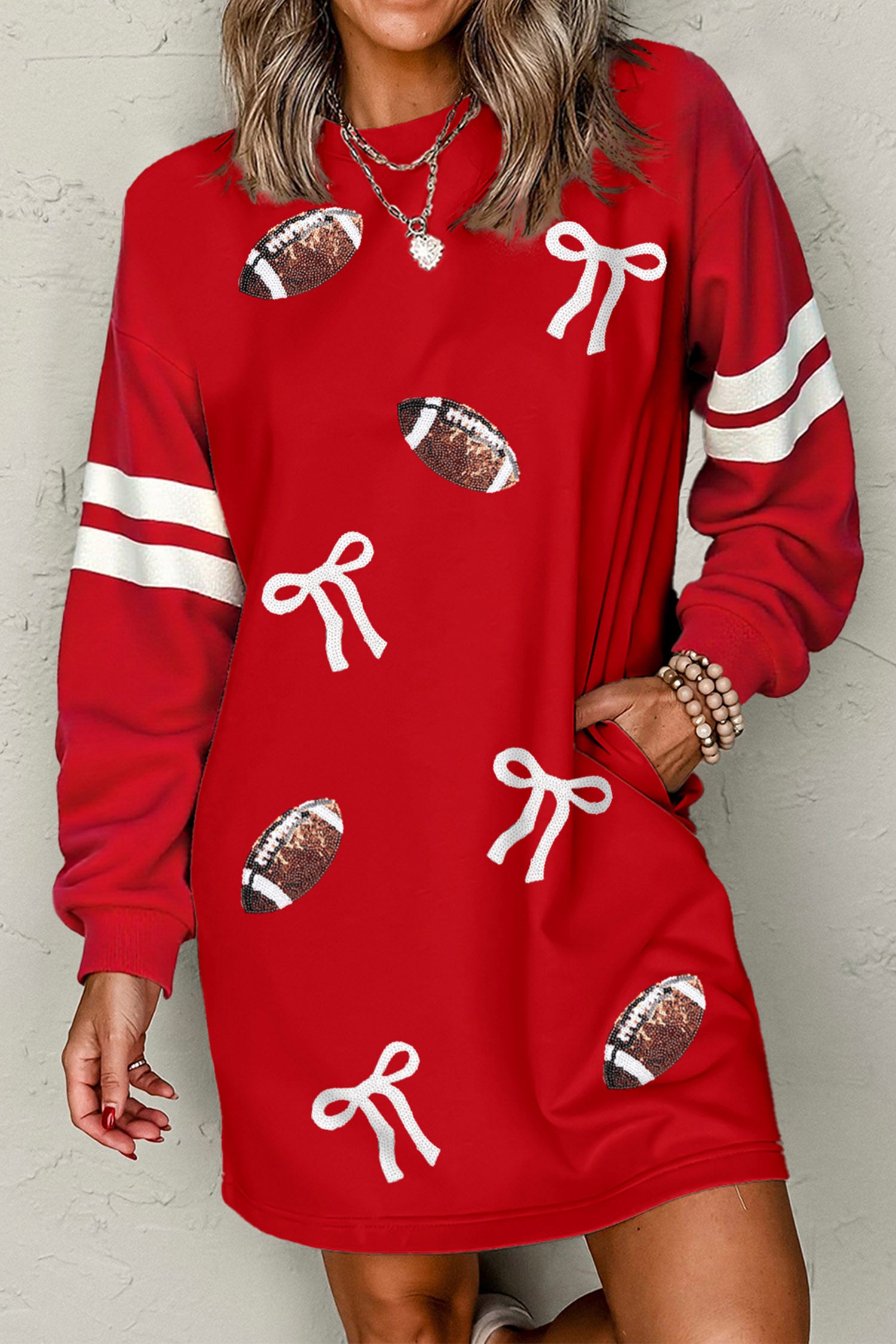 Fiery Red Sequin Rugby Bow Graphic Varsity Striped Sleeve Shift Mini Dress