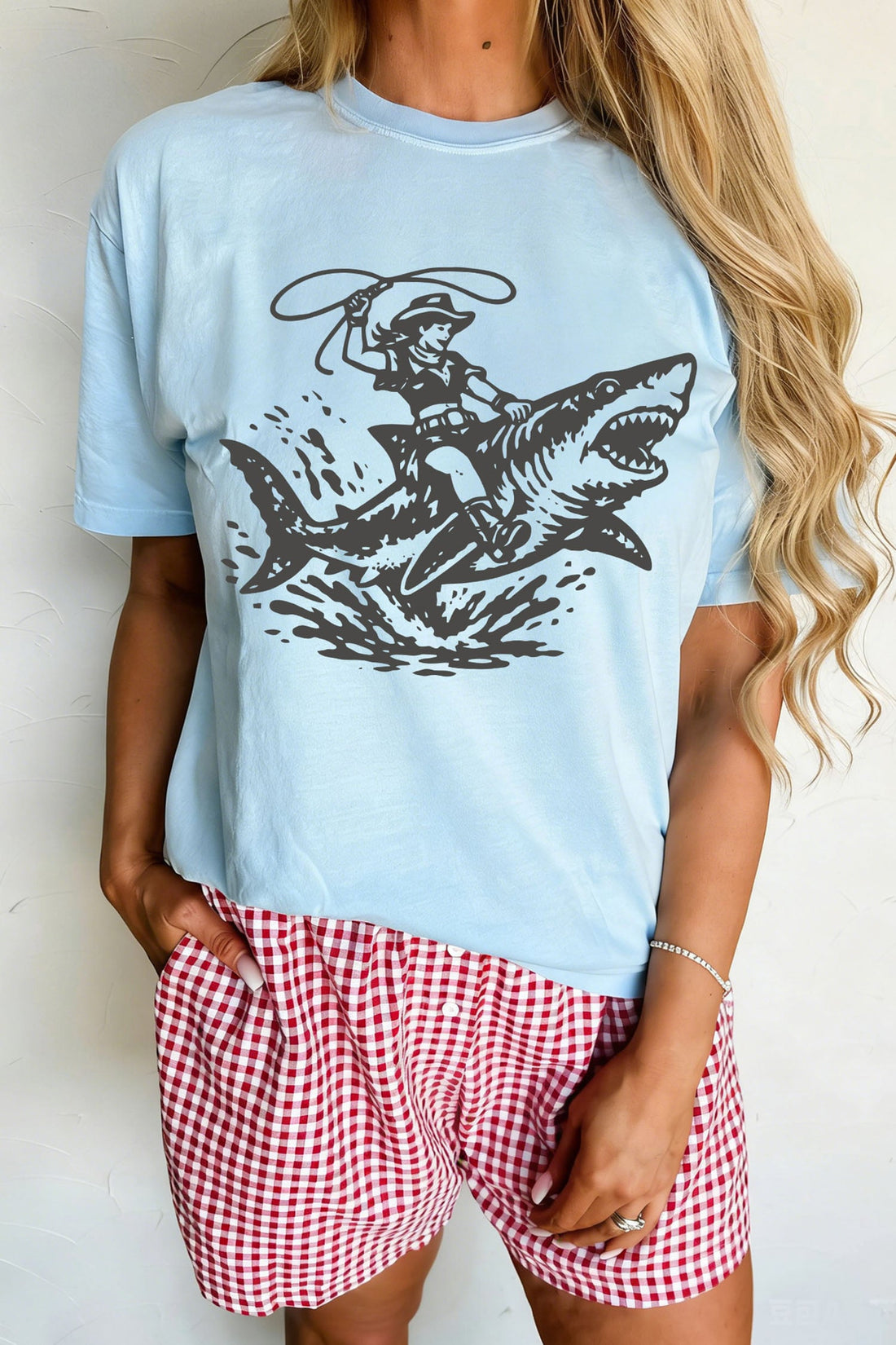 Light Blue Western Print Shark Cowboy T Shirt