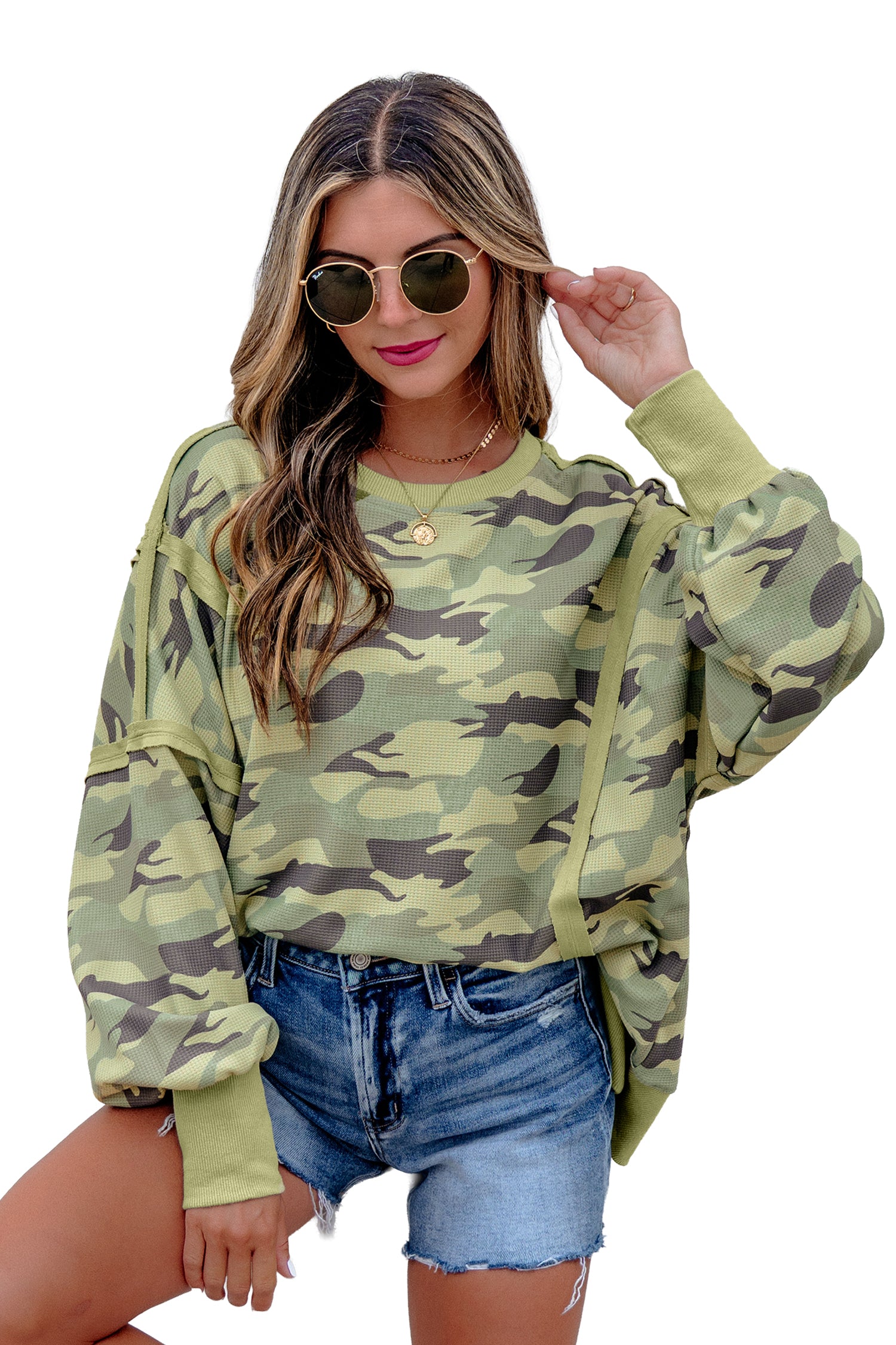 Green Camouflage Waffle Knit Raw Edge Contrast Trim Oversized Long Sleeve Top